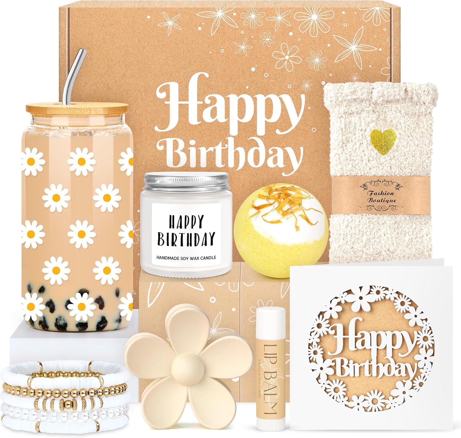 Birthday Gifts for Teen Girls, Women, Teenage Girl Birthday Gift Sets for Teen Girls Tween Gifts for Teenage Girl Cute Daisy Aesthetic Glass Cup Gift Basket for Teens, Women, Sister, Her, Friend