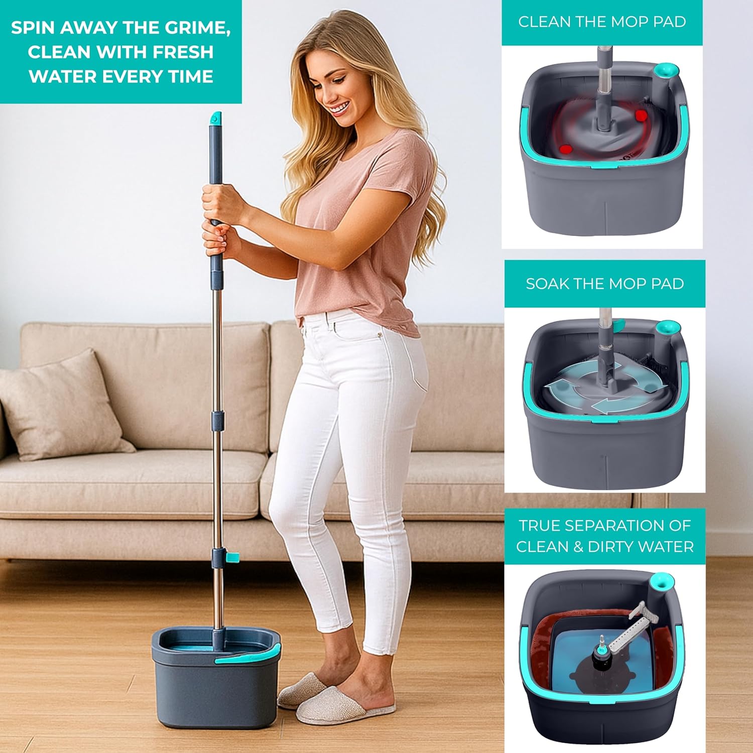 True & Tidy True Clean Spin Mop & Bucket System – Dual Compartment Design for Clean & Dirty Water, 360° Swivel Mop Head, Built-in Scrubbing Brush, Stainless Steel Handle & 2 Reusable Microfiber Pads - Image 3