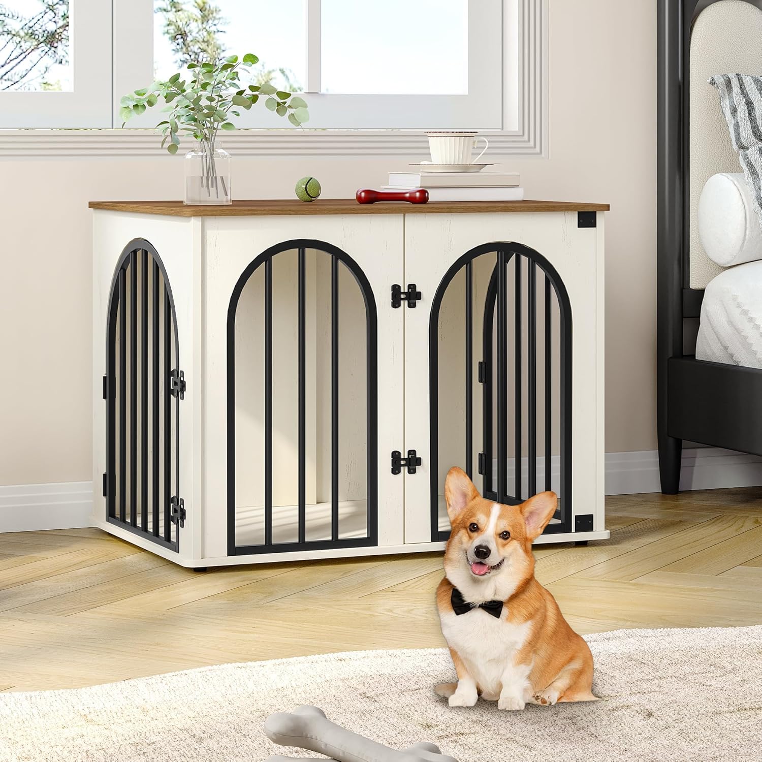 Hzuaneri 31.5'' Wooden Dog Crate Furniture, Indoor Dog Kennel Dogs Cage for Small/Medium Dogs, Heavy Duty Dog Crates Decorative Pet House End Side Table TV Stand, White Brown DFC85114B - Image 3