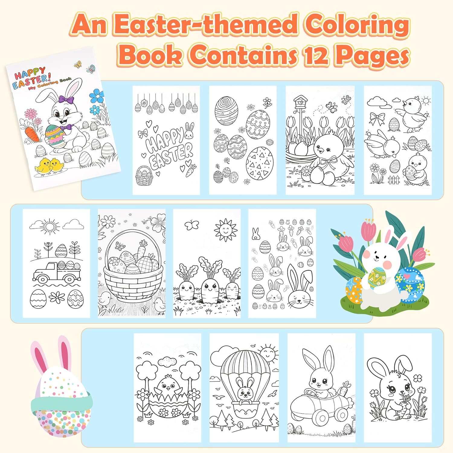 Easter Basket Stuffers for Toddler,12 Colors Non-Toxic Washable Bunny Rabbit-Shaped Crayons for Kids with Easter Coloring Book Easter Egg Fillers Hunt, Classroom Games Supplies for Boys Teens - Image 3