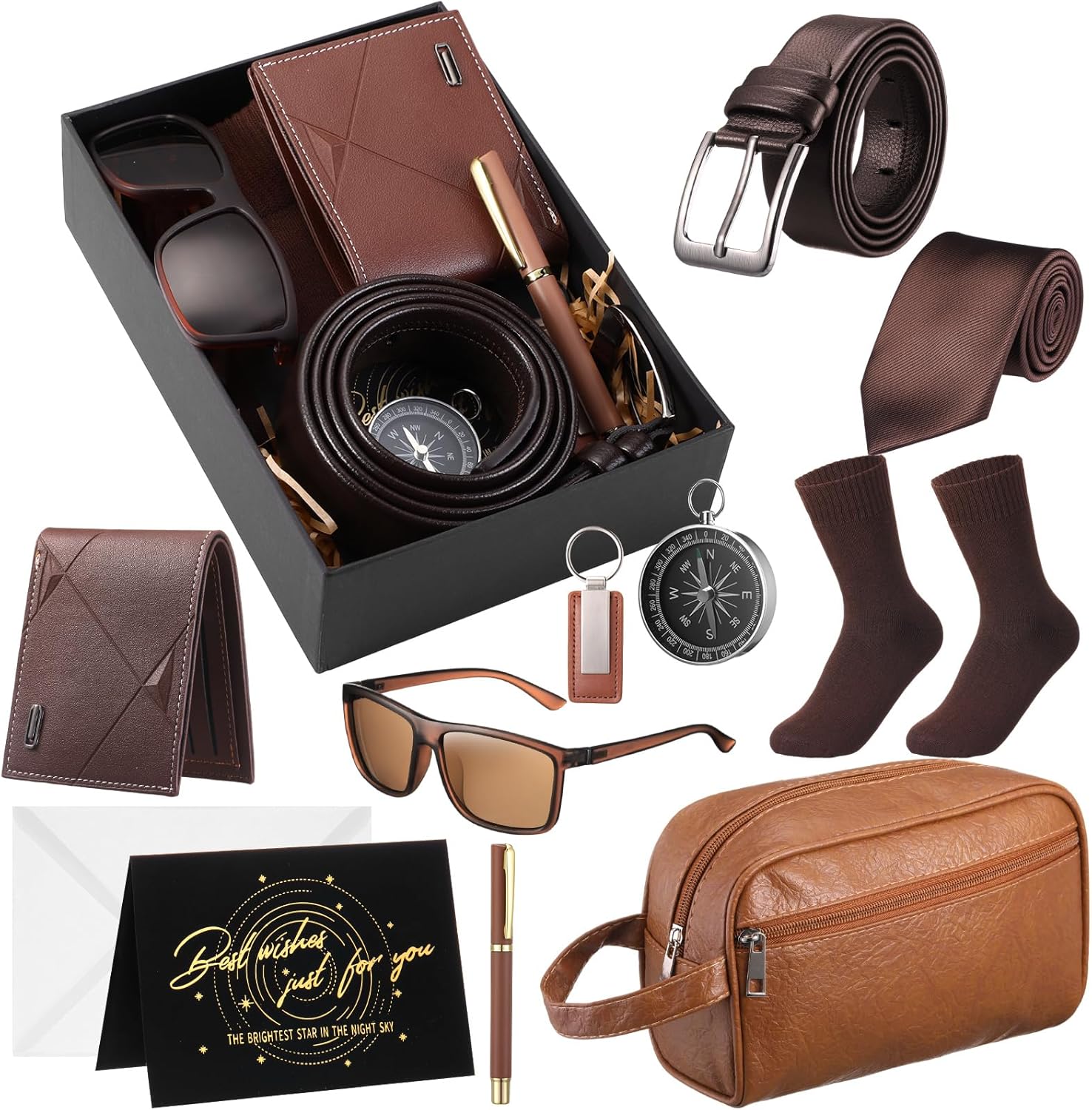 Geyoga 12 Pcs Men Birthdays Gift Set with Box for Men Dad Basket PU Leather Wallet Leather Toiletry Bag Tie Socks Belt Keychain Sunglasses Pen Compass Set