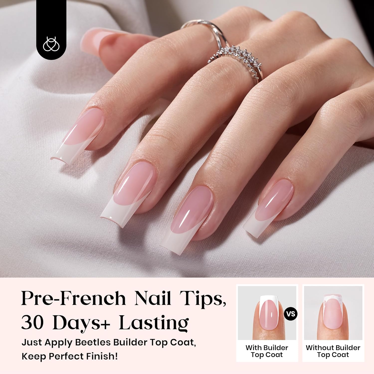 Beetles X Press Plus On Nails Kit - Rose French | Pink Long Square French Tip Press On Nails | 224Pcs 16 Sizes All-in-One Kit With Nail Glue,Remover,Builder Top Coat,Nail Lamp - Image 3