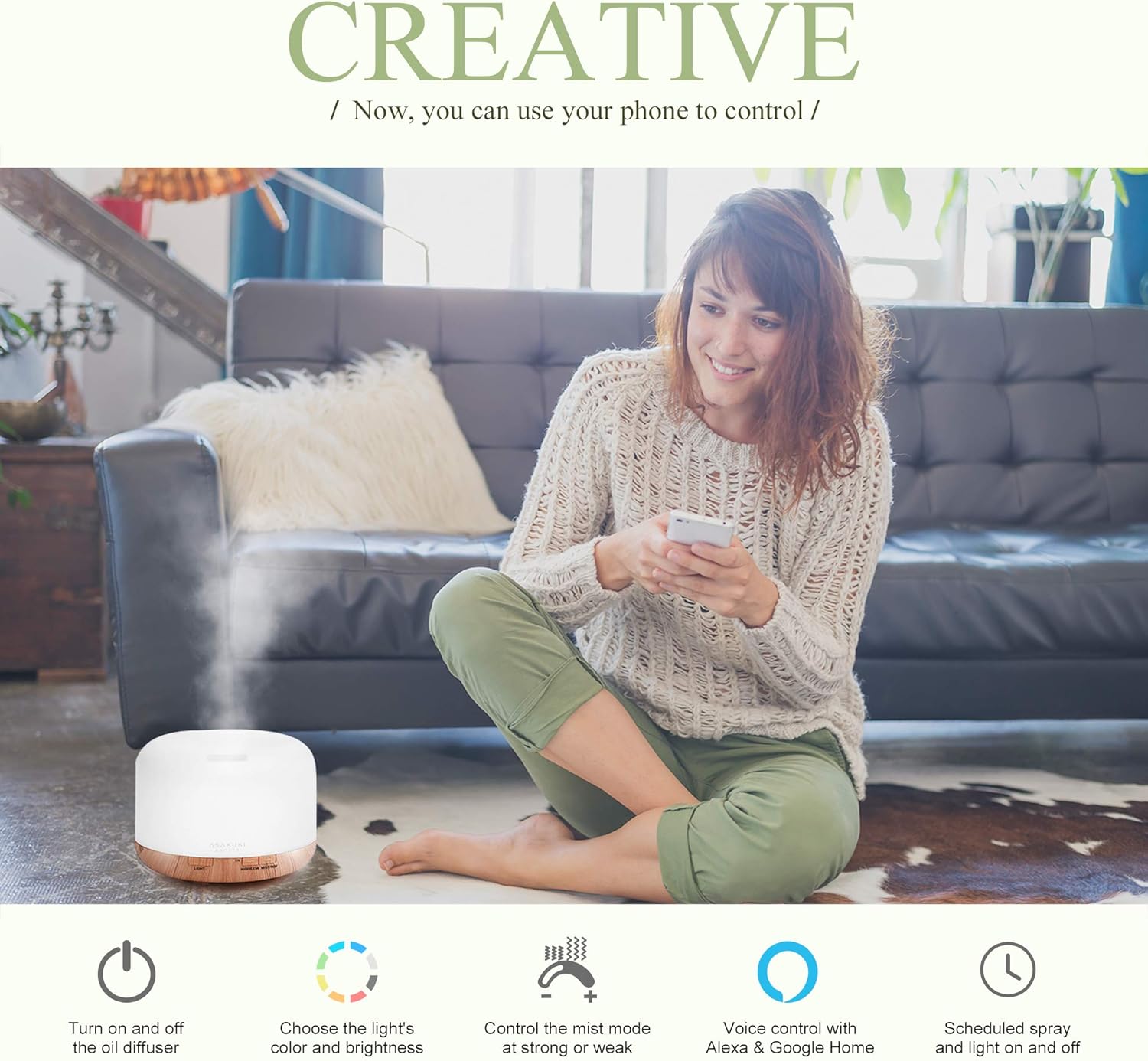 ASAKUKI Smart Wi-Fi Essential Oil Diffuser, App and Voice Control Compatible with Alexa, 500ml Aromatherapy Humidifier for Relaxing Atmosphere in Home Office Bedroom (Light Brown) - Image 2