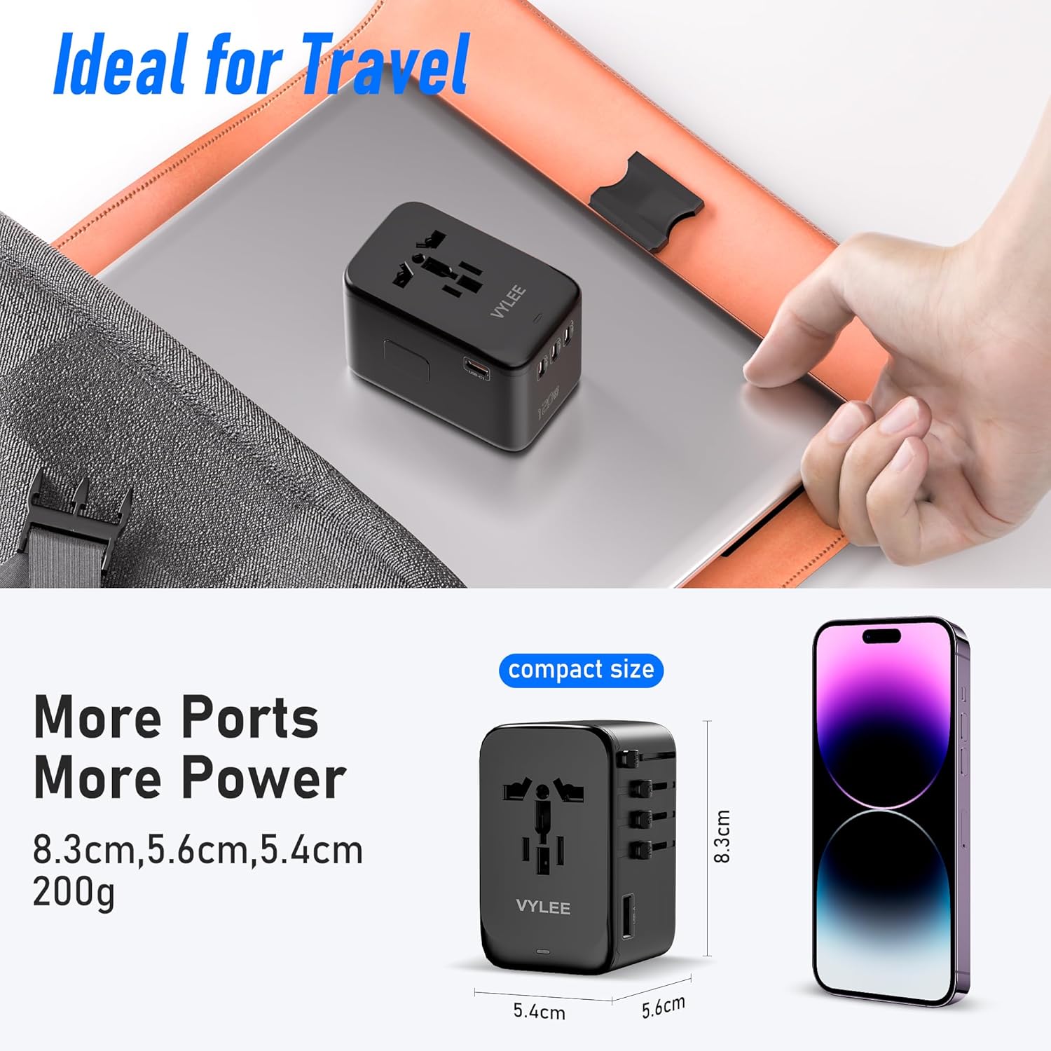 VYLEE 120W Universal Travel Adapter, GaN III International Power Adapter, 4 USB-C 1 USB-A Ports, AC Outlet, Worldwide US/UK/EU/AU Travel Charger for Cameras Laptops Tablets Phones and More - Image 6