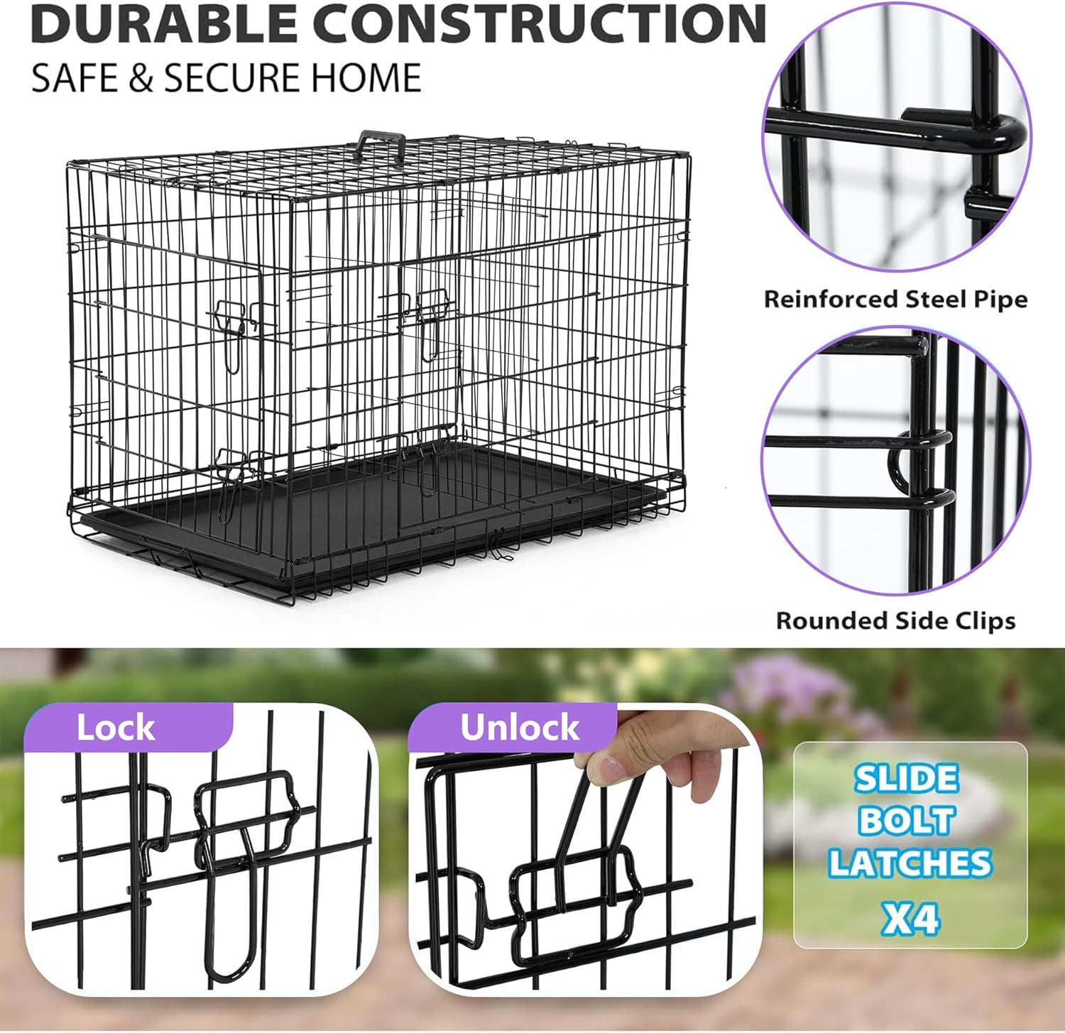 BestPet | Dog Crate | 48" | Black | Foldable Metal Kennel with Double Doors, Secure Slide-Bolt Latches, Leakproof Tray | Portable Dog Cage for Large Breeds | for Travel, Indoor & Outdoor Use - Image 4