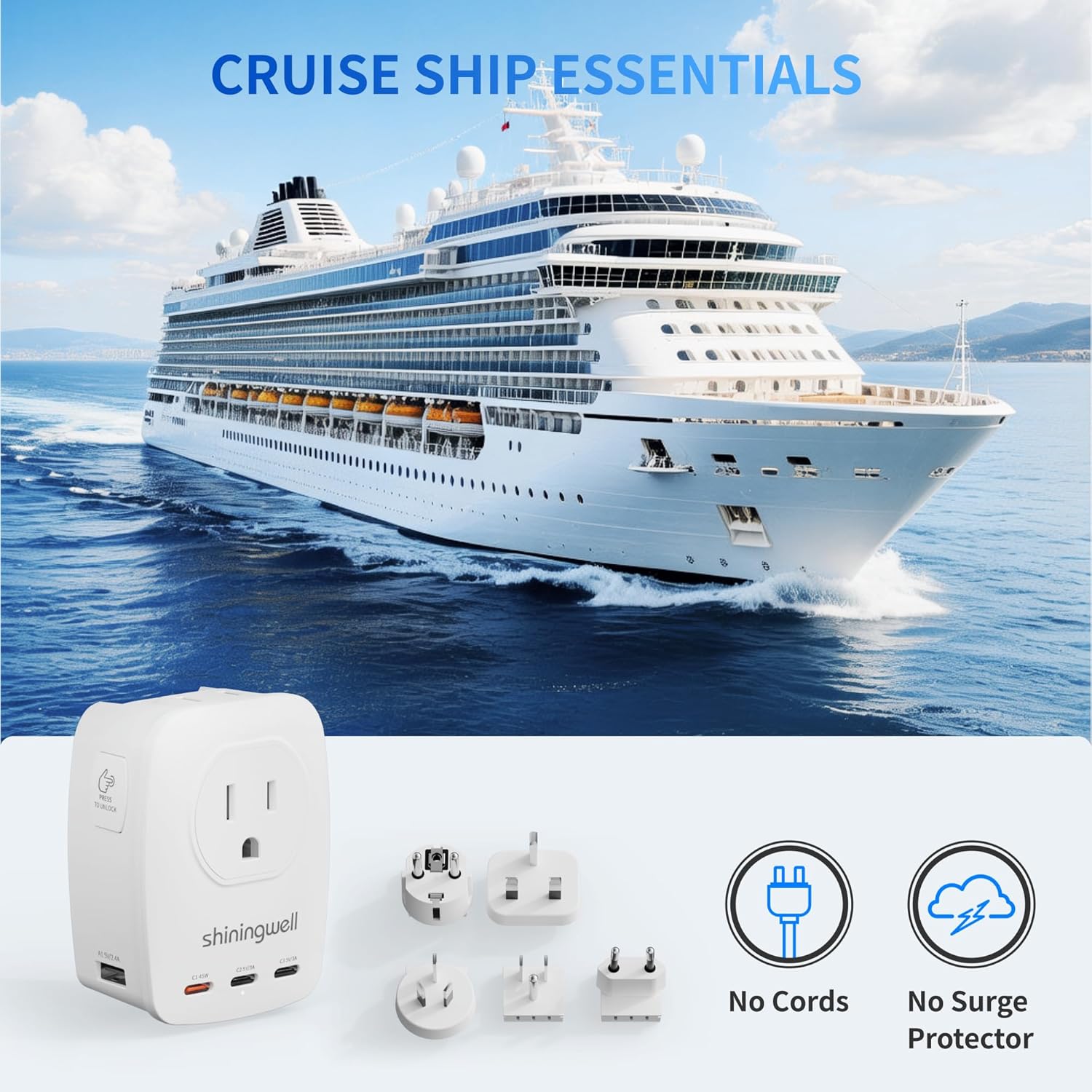 45W GaN Universal Travel Adapter, 7-in-1 2000W International Power Adapter with 3 USB-C(45W PD)/2 USB-A/2 AC, Worldwide Plug for EU,UK,China,AU - Cruise Essentials for Laptop,MacBook,iPad,Phone,Camera - Image 9