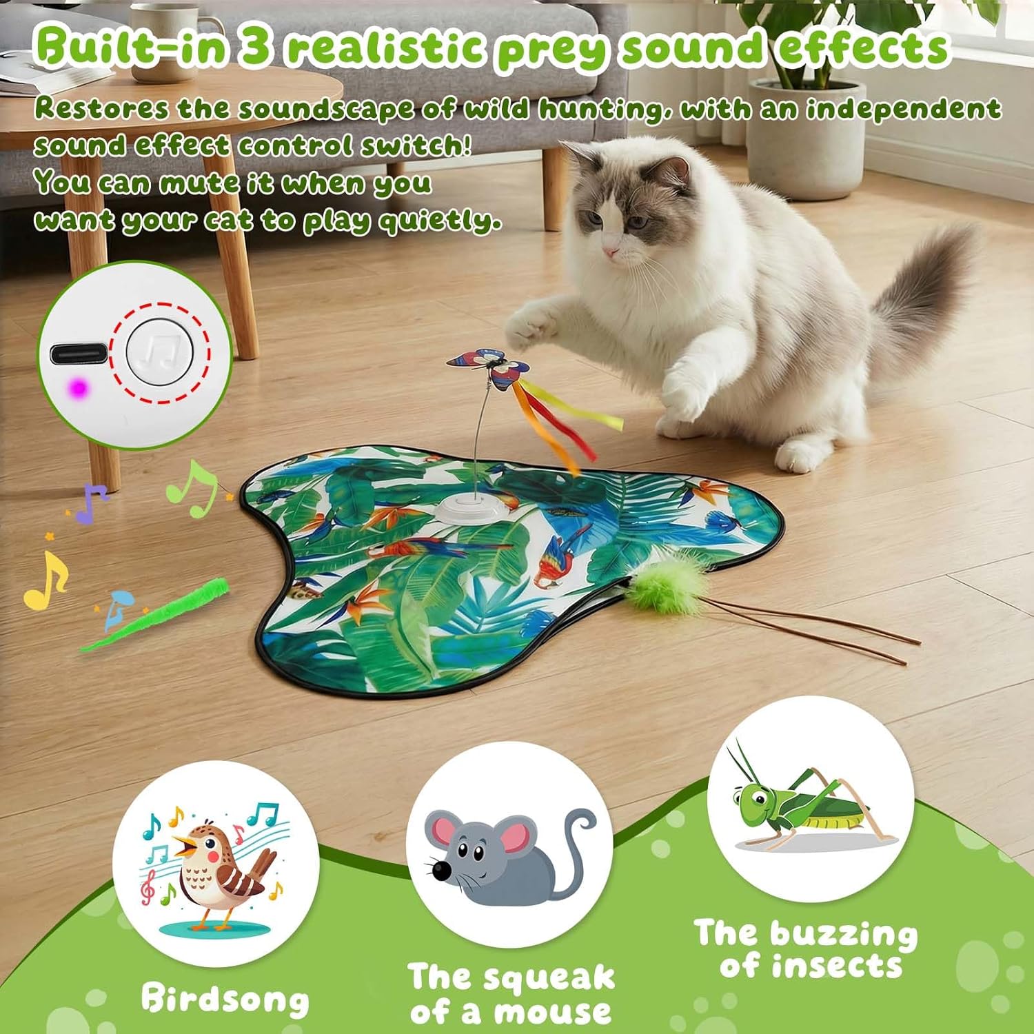 Interactive Cat Toys Rechargeable,Moving Concealed Feathers,Real Mouse Squeaky,Touch Activated Cat Kitten Toy Exercise Toys for Indoor Bored Adult Cats (Green) - Image 2