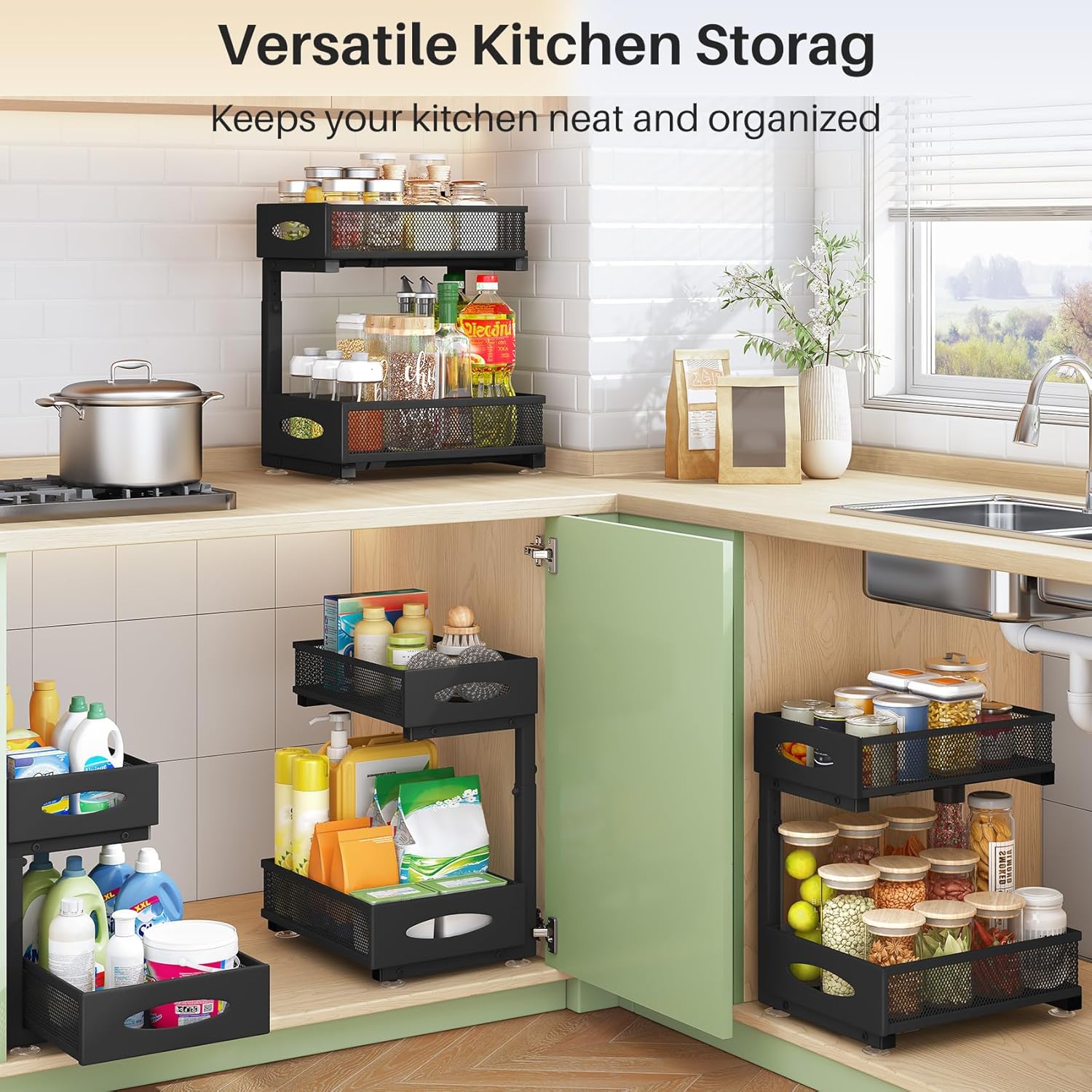 Under Sink Organizer, 2 Tier Pull out Cabinet Organizer Baskets with Mesh Sliding Drawers, Slide out Storage Shelf for Home, Kitchen, Bathroom, Pantry, Office Cabinet, Countertop(1 Pack) - Image 8