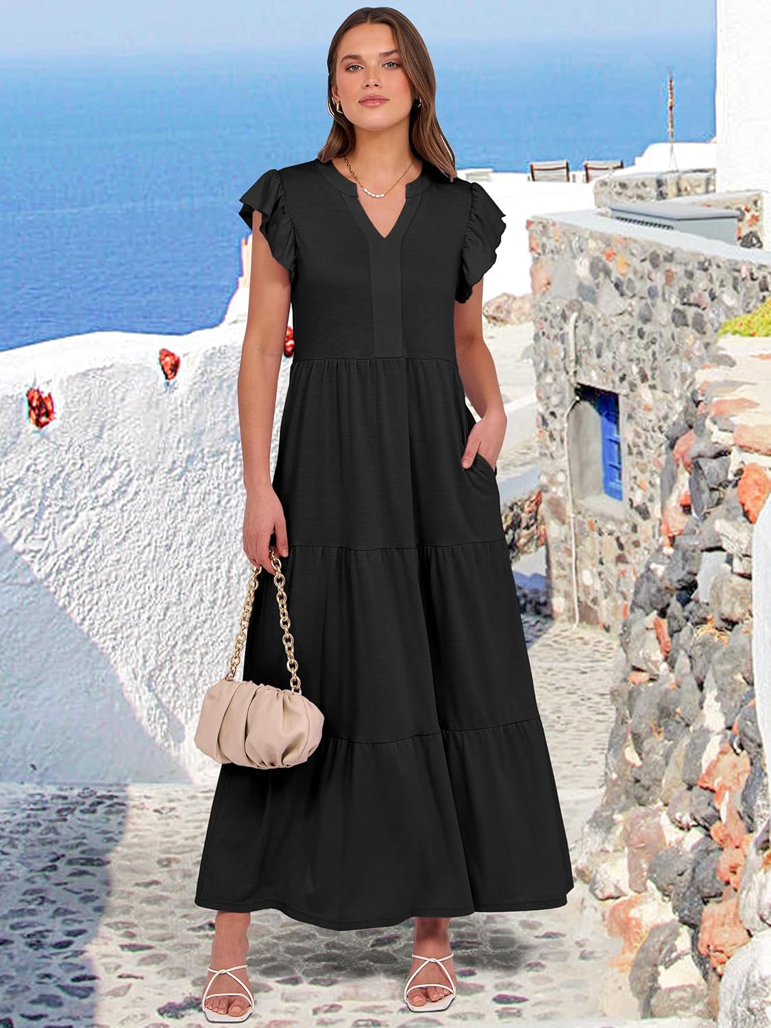 ANRABESS Womens Summer Casual Maxi Dress V Neck Ruffle Sleeve Long Dresses Fashion Flowy Tiered Boho Beach Vacation Sundress - Image 3