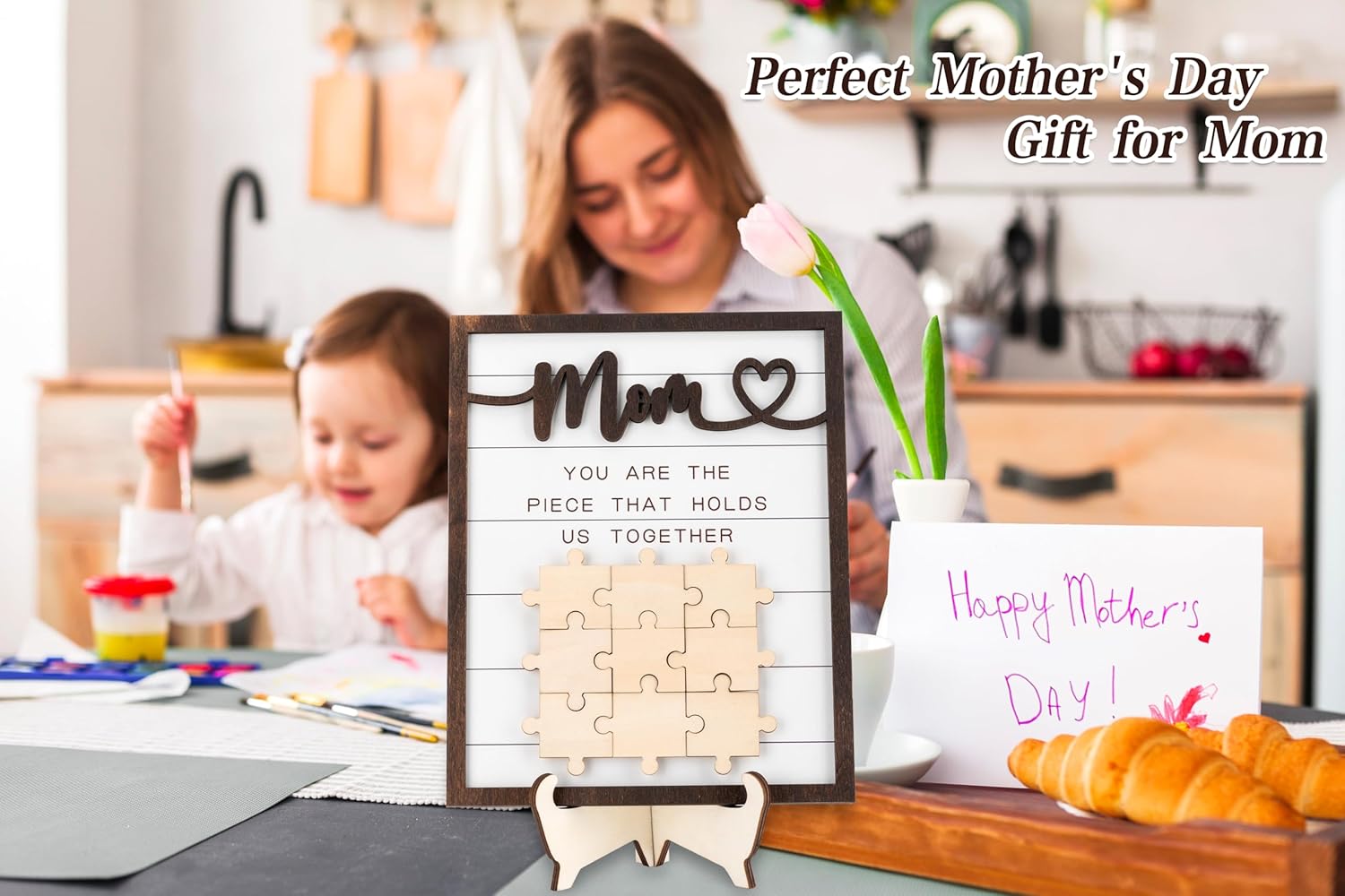 Personalized Mom Puzzle Piece Sign Gift, You are The Piece That Holds Us Together Plaque with Family Names, Grandparents Day Wood Sign, Birthday Gifts for Mommy from Daughter and Son (Mom) - Image 4