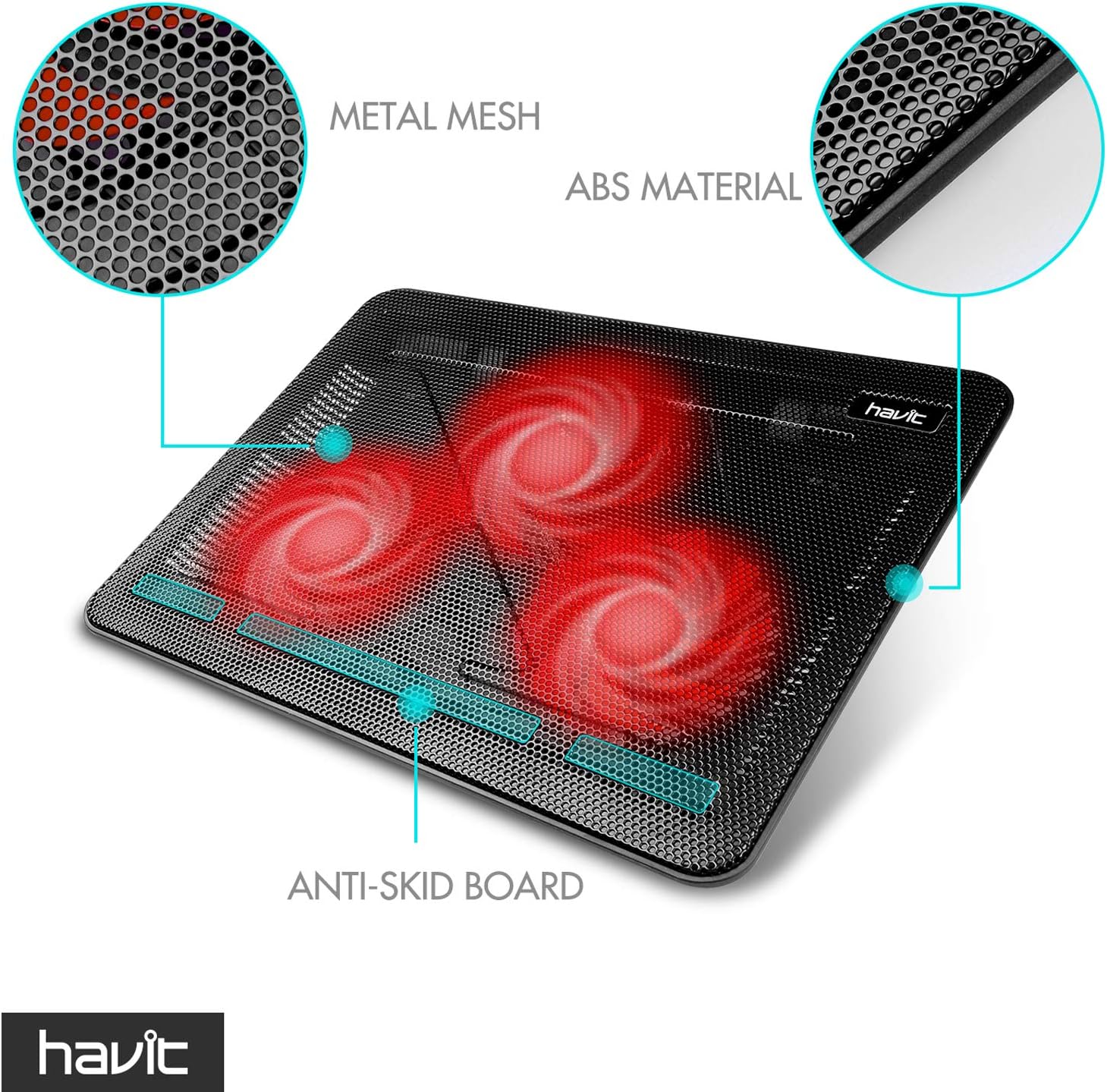 Havit HV-F2056 15.6-17 Inch Laptop Cooler Cooling Pad - Slim Portable USB Powered (3 Fans) (Black+Red) - Image 4