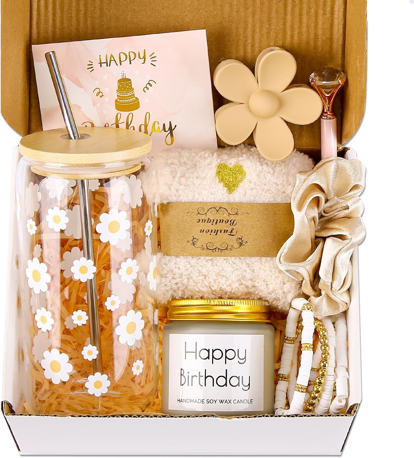DHQH Birthday Gifts for Teen, Cute Inspirational Gift Daisy Presents Set Ideas for Sister Daughter Friends, Happy Birthday Gift Basket with Ice Glass Cup for Her (Beige)