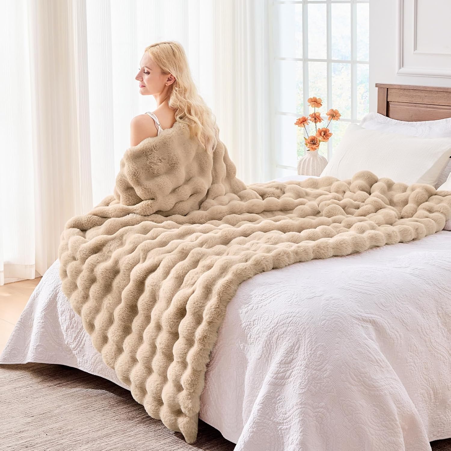 BENVWE Faux Fur Throw Blanket for Couch - Cozy Fuzzy Soft Plush Fluffy Thick Luxury Minky Bubble Blanket for Living Room Home Decor- Mothers Day Birthday Gifts for Women, Beige, 51" x 63" - Image 8