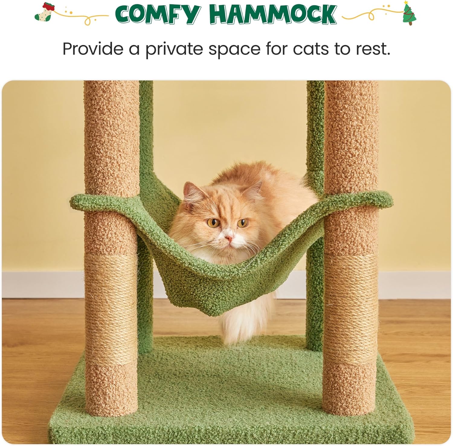 MWPO 63.8 Inches Green Cat Tree for Indoor Cats, Multi-Level Cat Tower with Sisal-Covered Scratching Posts, Padded Platform, Hammock, Dangling Toys, Stable Cat Condo Pet Play House - Image 4