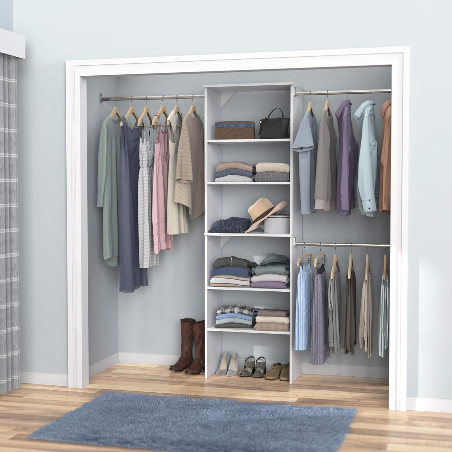 ClosetMaid SuiteSymphony Wood Closet Organizer System, 25-Inch Starter Kit with Tower and 3 Hang Rods and Shelving, Adjustable Shelves, Customizable Insert, Reach-in or Walk-in Closets, Pure White - Image 2
