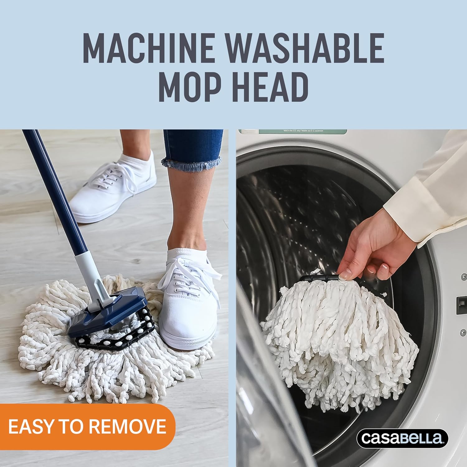 Casabella Spin Mop System with Extra Mop Head Refill - Two-Bucket Design with Splash Guard Built-in Measuring Cup and Scraper Tool with Easy Wring Pedal Spinner, 1.25-Gallon, Blue - Image 7