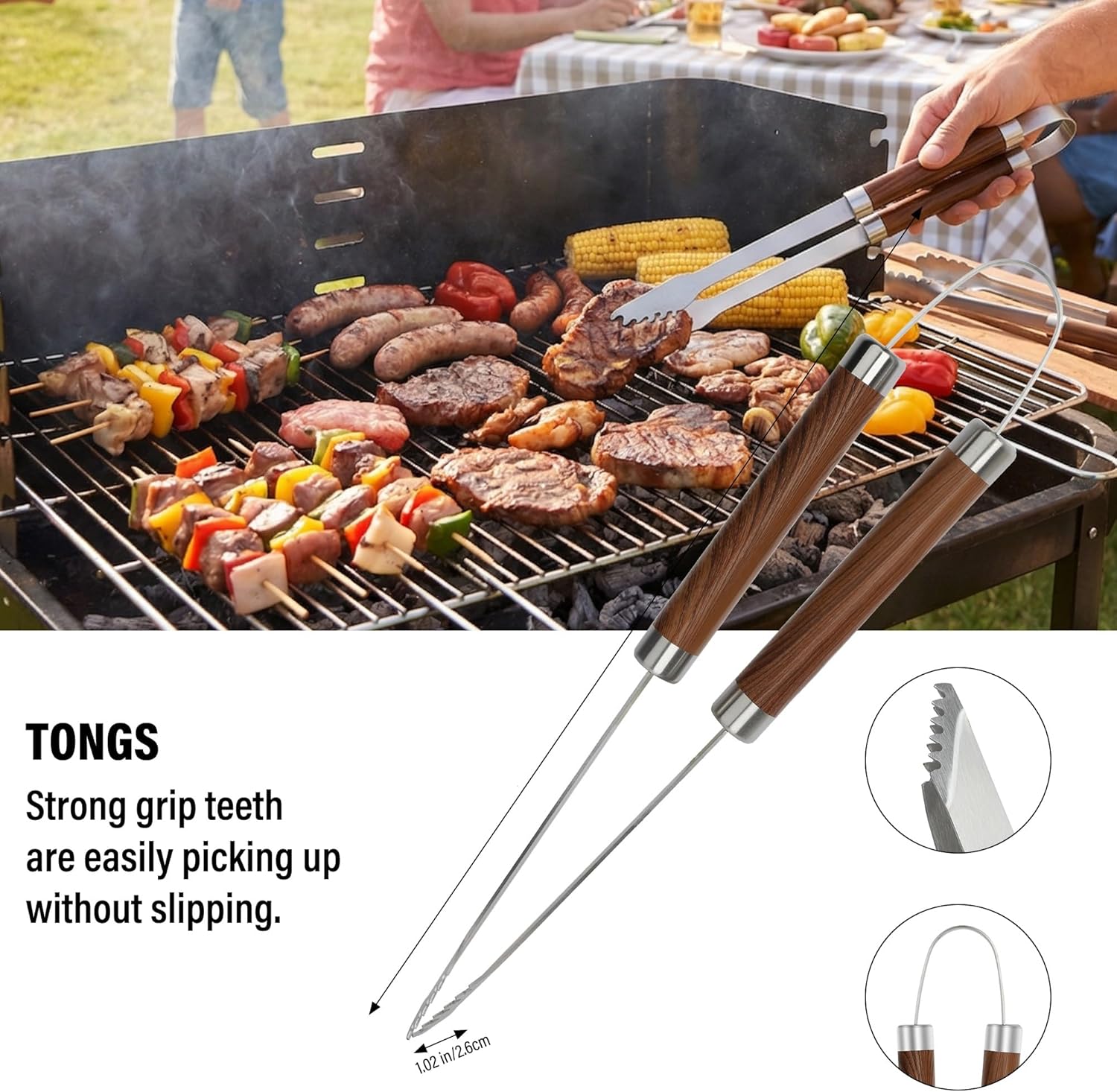 Yekale BBQ Grill Accessories Set, Grill Tools Grilling Accessories Grilling Gifts for Men - Spatula, Fork, Brush, Tongs & Cleaning Brush - Outdoor Barbecue Utensils Gifts for Men Dad Him (Wood) - Image 5