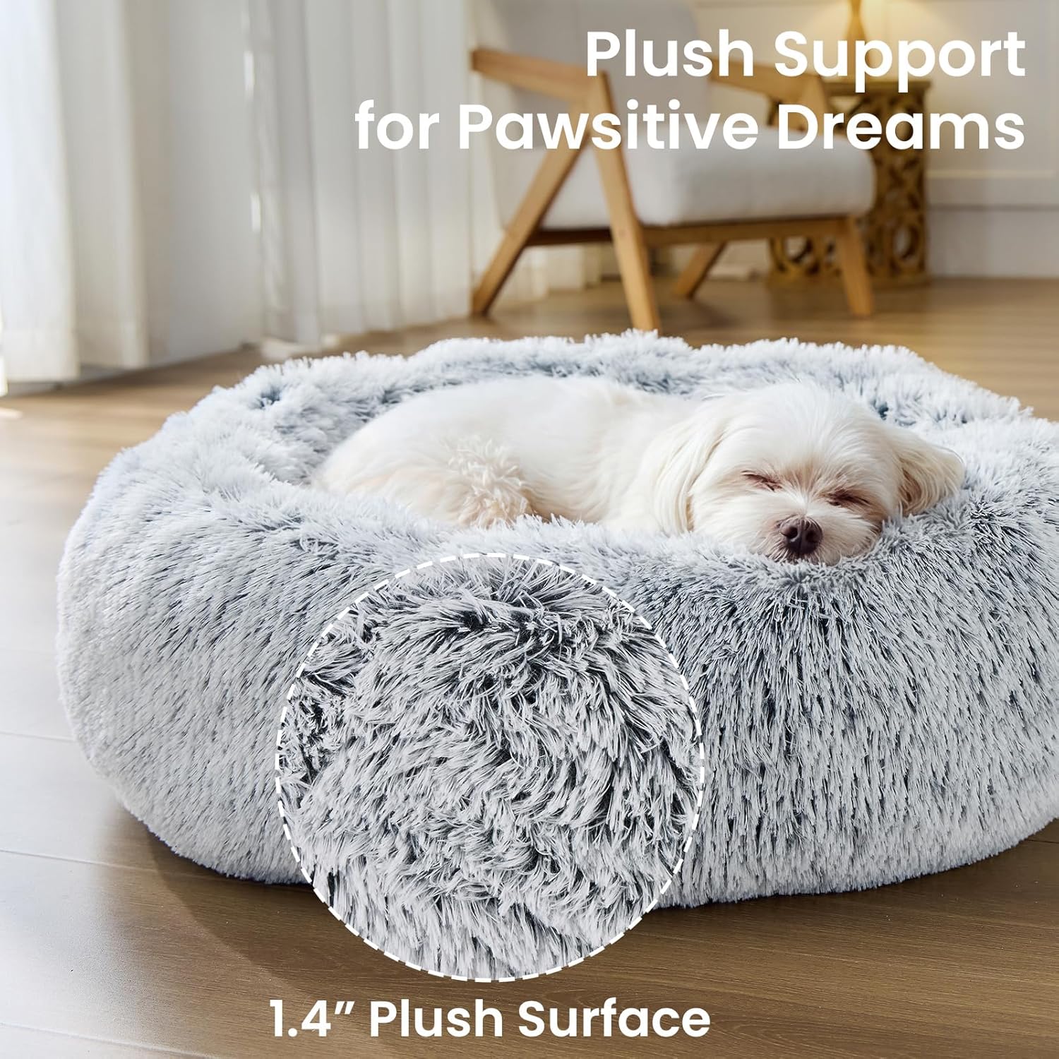 JOLLYVOGUE Small Dog & Cat Beds for Indoor Cats - 20 inches Calming Donut Dog Bed for Kittens & Puppies, Washable Round Fluffy Plush Faux Fur Pet Beds (Smoke Grey) - Image 4