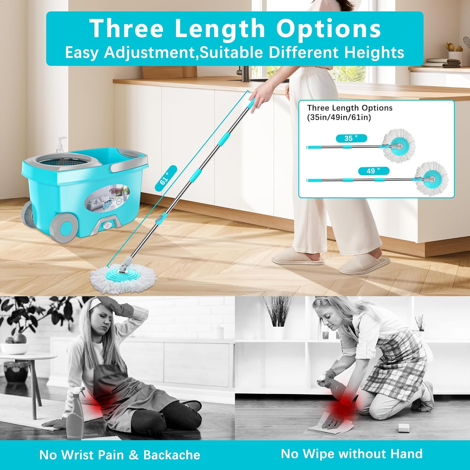 FunClean Spin Mop and Bucket,Mop and Bucket with Wringer Set for Home,360 Spinning Mopping Floor Cleaning Tool with 4 Microfiber Replacement Head Refills,61" Extended Handle, 2X Wheel - Blue - Image 6