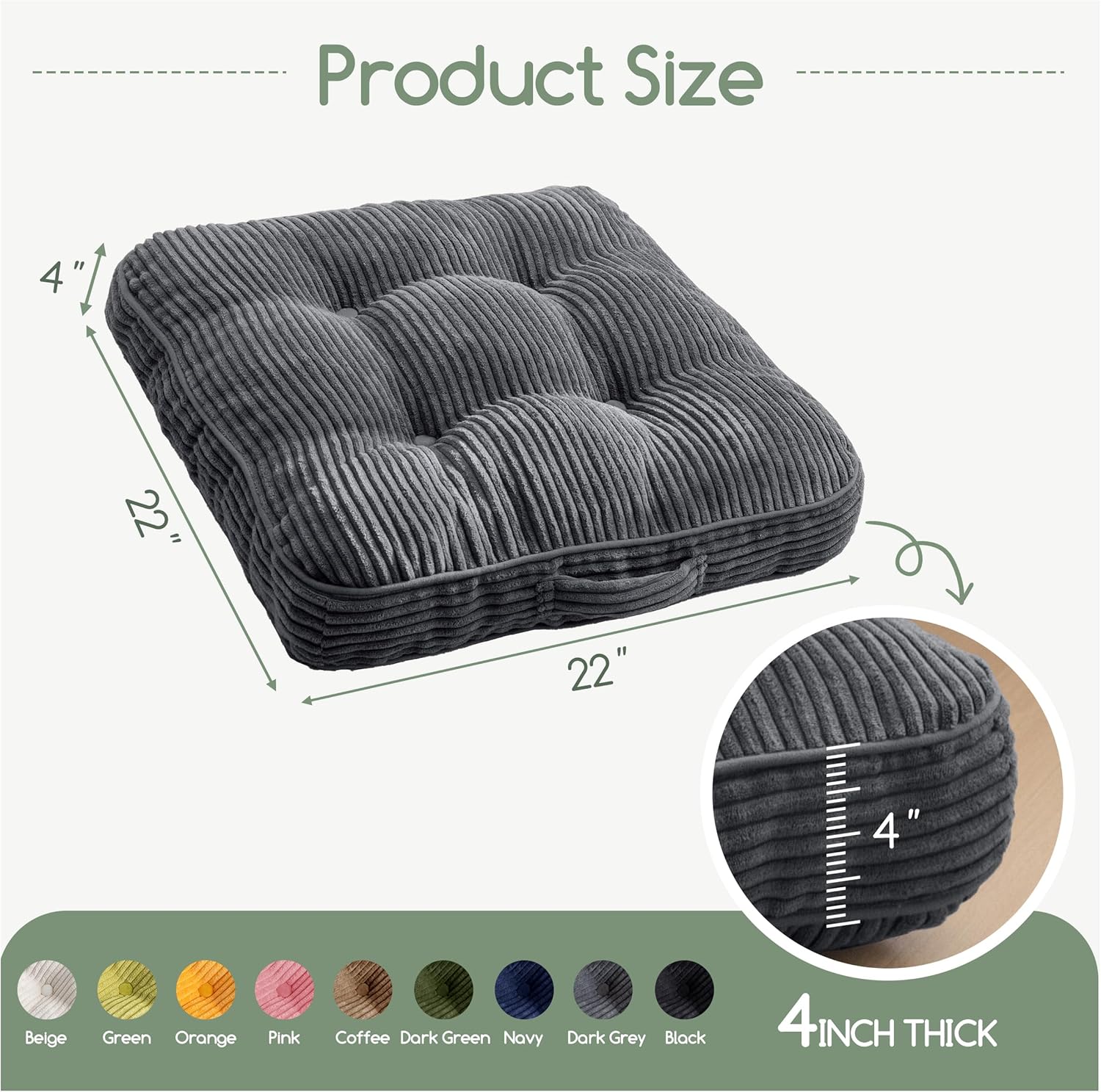 HIGOGOGO Floor Pillow Cushion for Adults, Meditation Cushion Pillow, Large Square Floor Sitting, Tufted Corduroy Cover, for Tatami Living Room or Yoga, 22x22 Inch, Dark Grey - Image 2