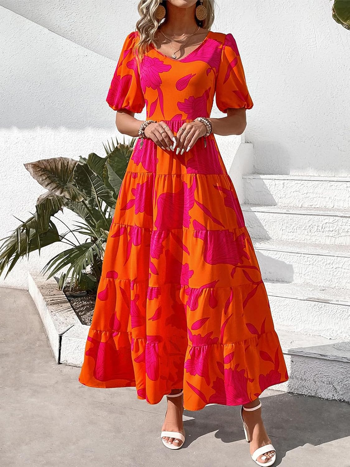 PRETTYGARDEN Puff Short Sleeve Cewneck Floral Long Fall Dresses for Women 2025 Flowy Tiered Hem Maxi Wedding Guest Dress - Image 3