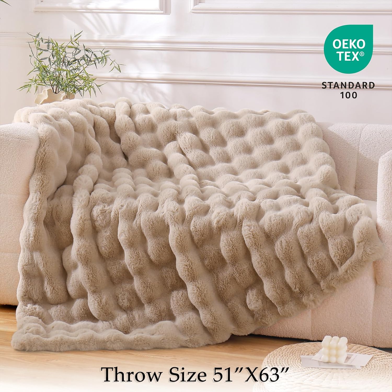 BENVWE Faux Fur Throw Blanket for Couch - Cozy Fuzzy Soft Plush Fluffy Thick Luxury Minky Bubble Blanket for Living Room Home Decor- Mothers Day Birthday Gifts for Women, Beige, 51" x 63" - Image 2