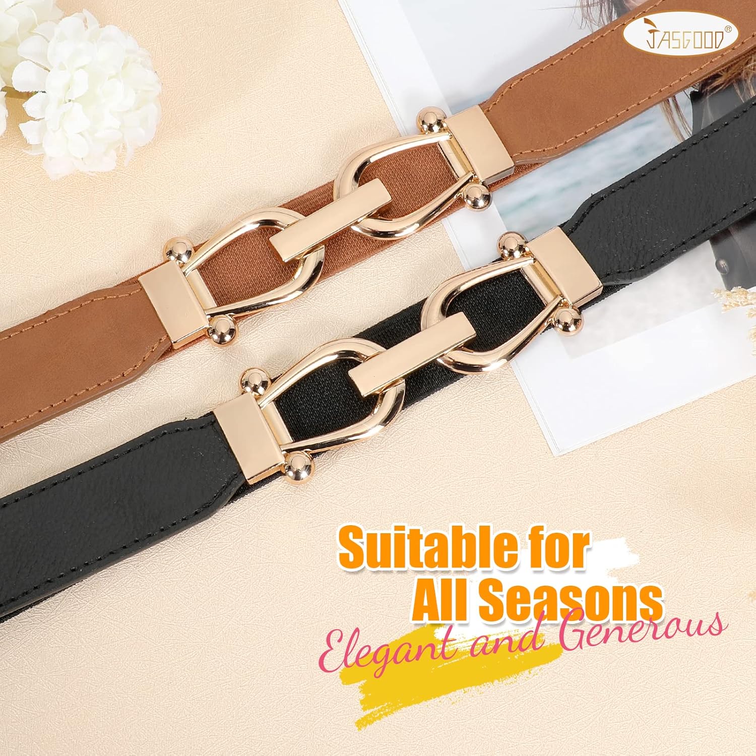 JASGOOD Women Stretchy Waist Belt Retro Elastic Skinny Belt for Ladies with Gold Buckle - Image 6