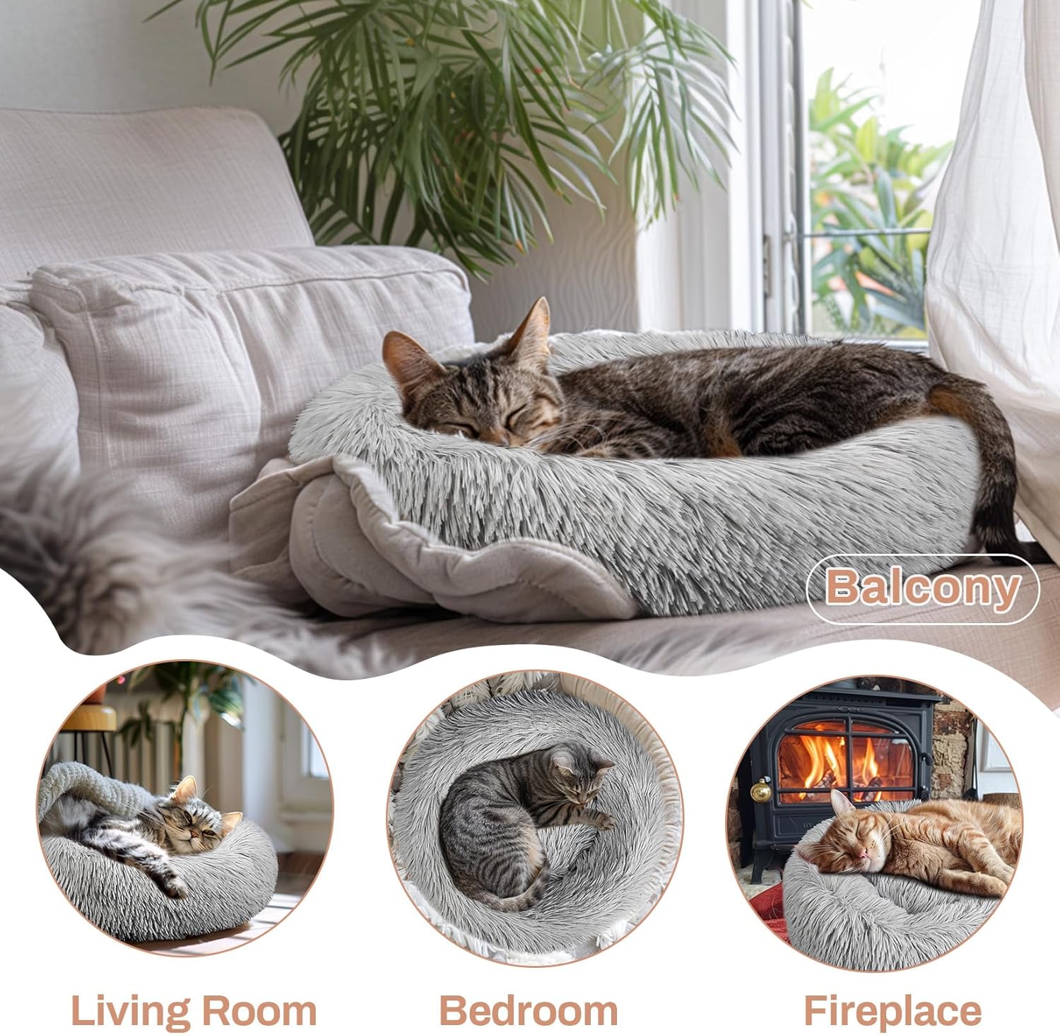 Cat Bed - Calming Cat Bed for Small Kittens Donut Washable Round for Indoor Kittens and Puppies, Anti-Slip Round Fluffy Plush Faux Fur, Small, Light Grey - Image 5