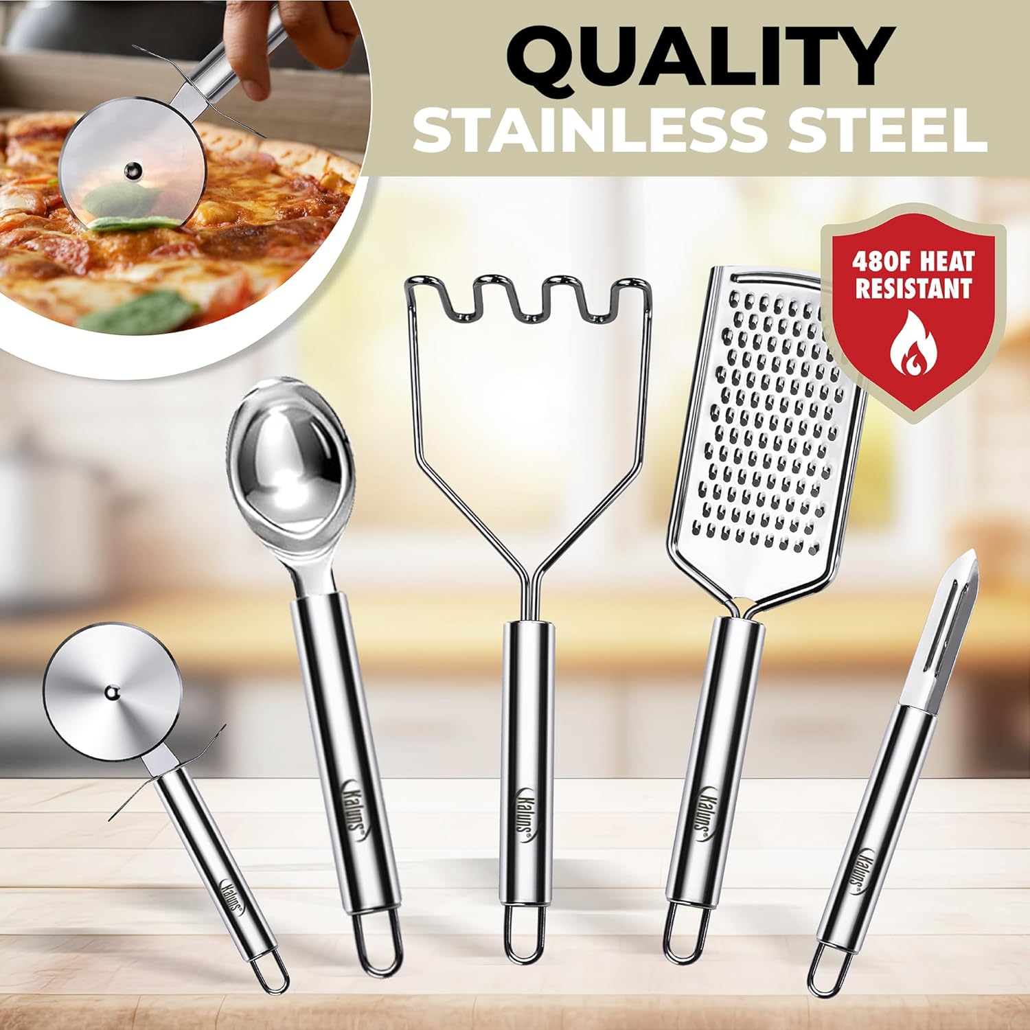 Kaluns 50 PCS Silicone Kitchen Utensils Set Complete Kitchen Set - 800°F Heat Resistant Non-Stick Premium Cooking Utensils W Wooden Handles - Can Opener, Masher, Turner, Silicone Spatula Set - Image 6