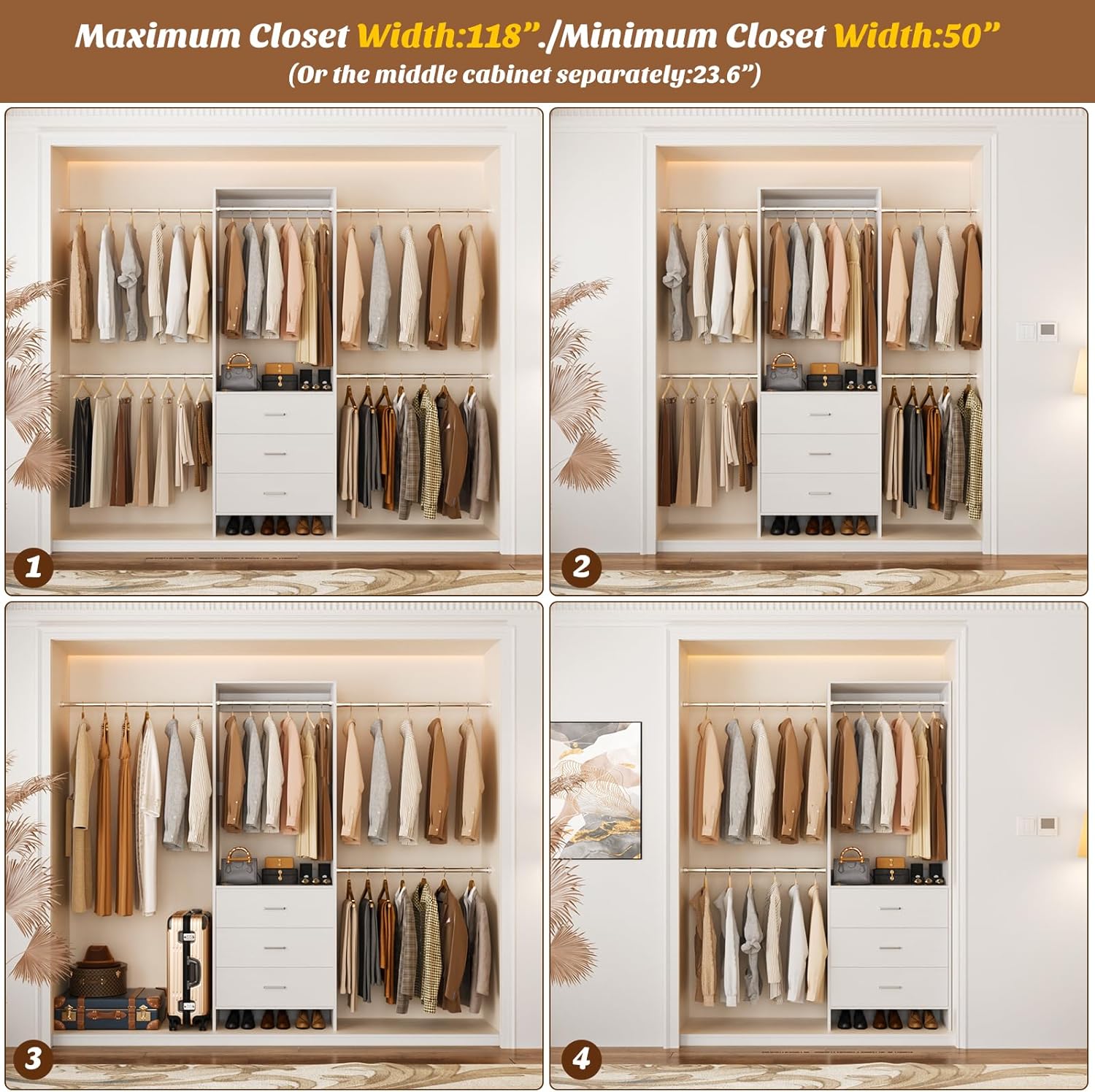 Aheaplus Closet System, Closet Organizer with 3 Wooden Drawers, Closet Organizer System, Walk-in Closet Wardrobe Clothes Rack with 4 Hanging Rods, Garment Rack, -4R, White - Image 5