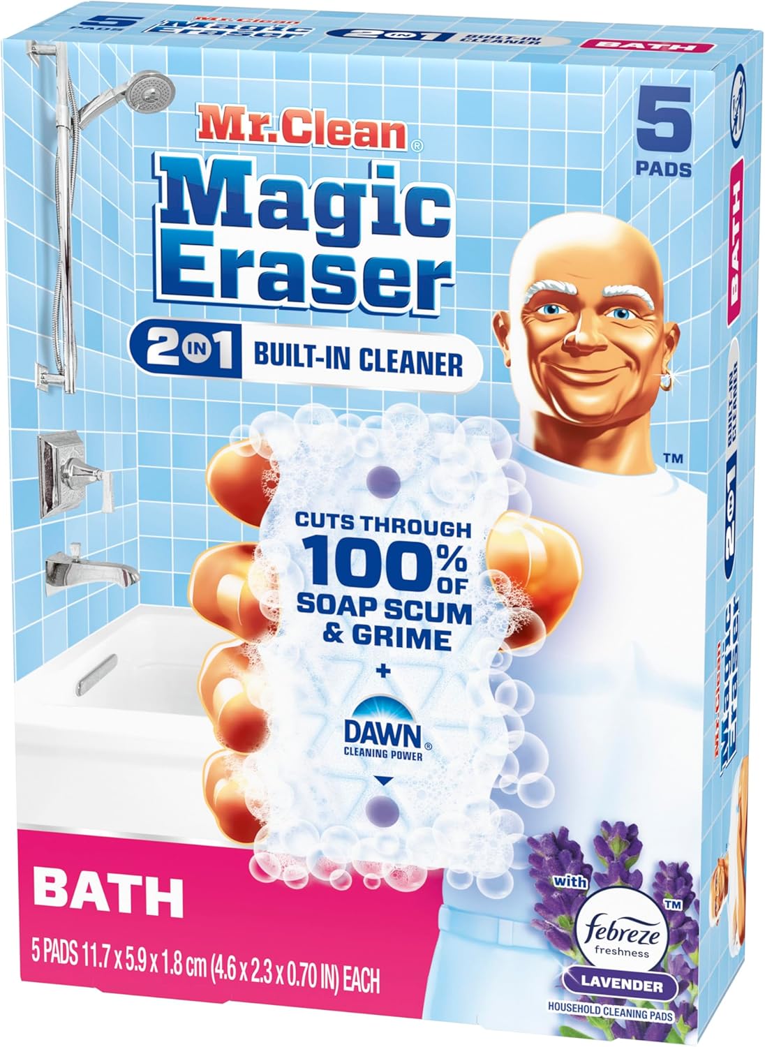 Mr. Clean Magic Eraser Sponge, Bathroom Cleaner, Shower Cleaner, Tub Cleaner, Soap Scum Remover, Bathroom Cleaning Supplies, Dawn Cleaning Power with Febreze Lavender Scent, 5ct - Image 12