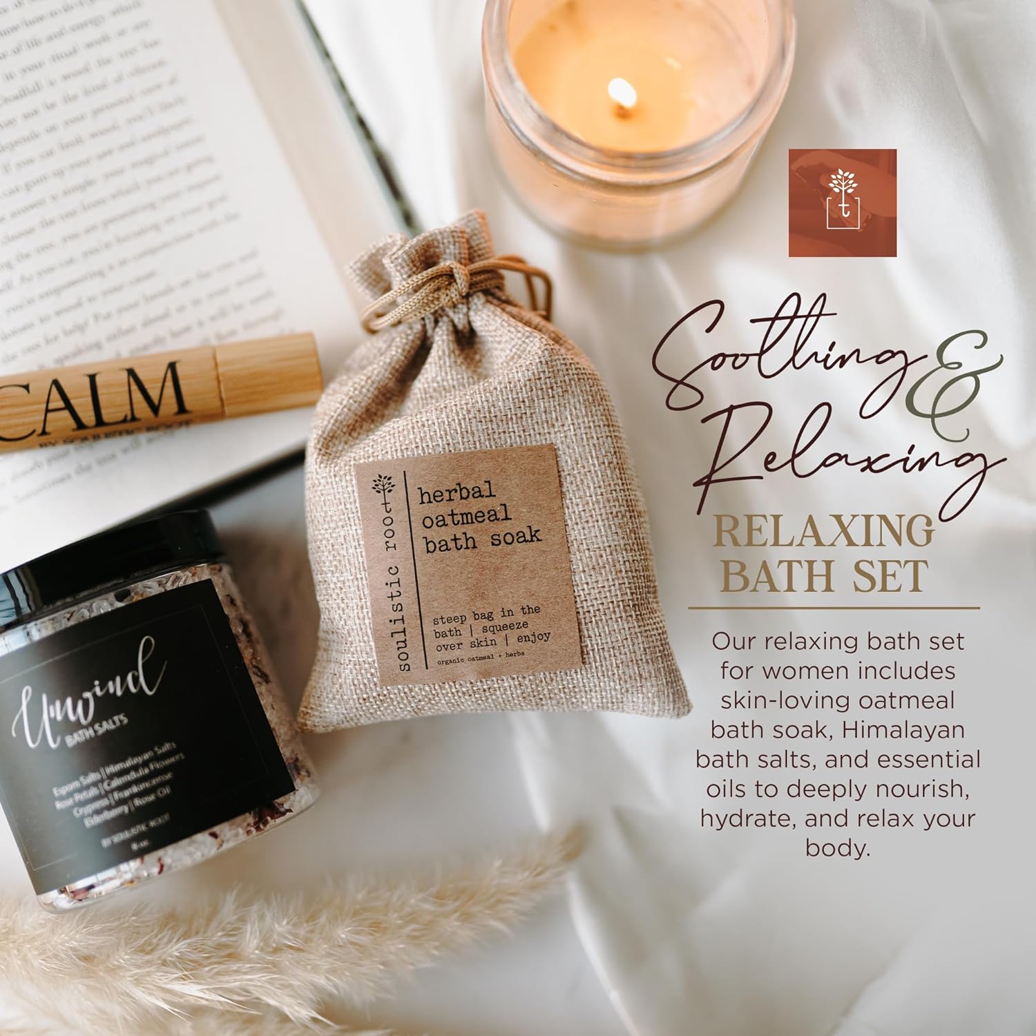 SOULISTIC ROOT Revitalizing Bath Gift - Premium Self-Care Bath & Body Set with Lavender Oatmeal Soak, Tranquil Essential Oil Roller, Epsom Salt Soak, Home Spa Kit, Ready-to-Gift Box - Image 2