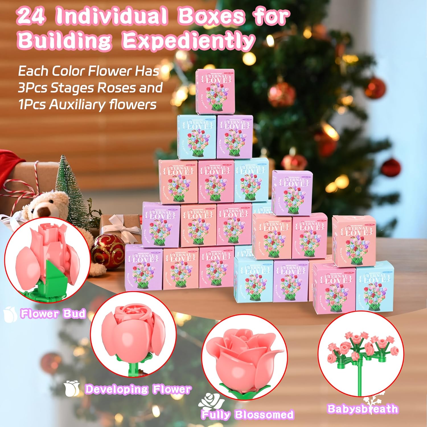 Sopu Colorful Rose Bouquet Flowers Building Set, 24 Boxes 1380Pcs Artificial Flowers Botanical Collection Flowers for Adults Gift for Mothers Day Mom Birthday Gifts Women Wife Girlfriend - Image 5