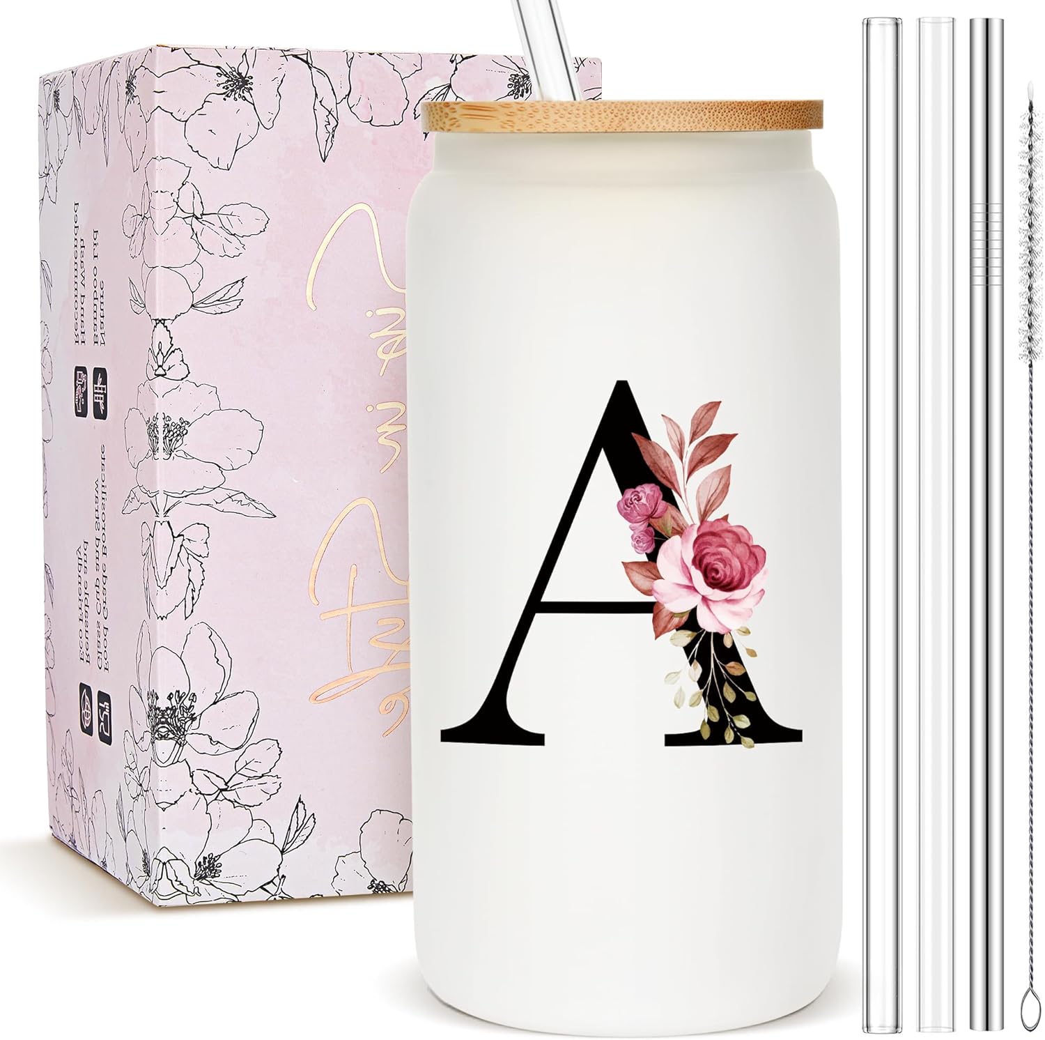Personalized Gifts for Women, Monogrammed Frosted Glass Tumbler with Straw and Lid, Cute Customized Mug, Custom Initial Iced Coffee Glasses, Customizable Drinking Cup, Birthday Teacher Woman, A