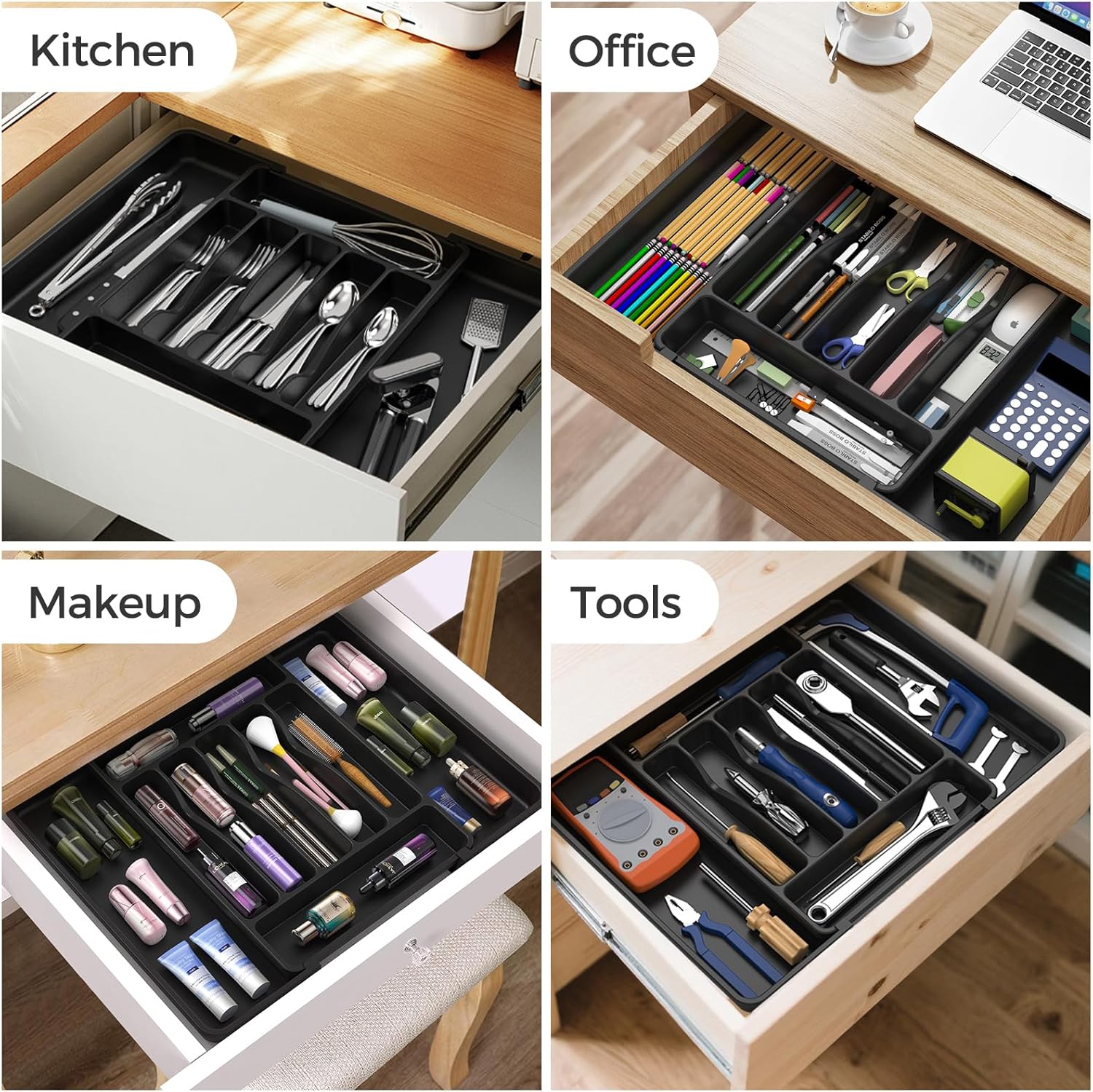 ukeetap Extra Large Expandable Silverware Organizer, BPA-Free Food-Safe Cutlery Flatware Organizer, Kitchen Utensil Drawer Organizer, Adjustable Silverware Holder for Spoons Forks Knives, Black - Image 8