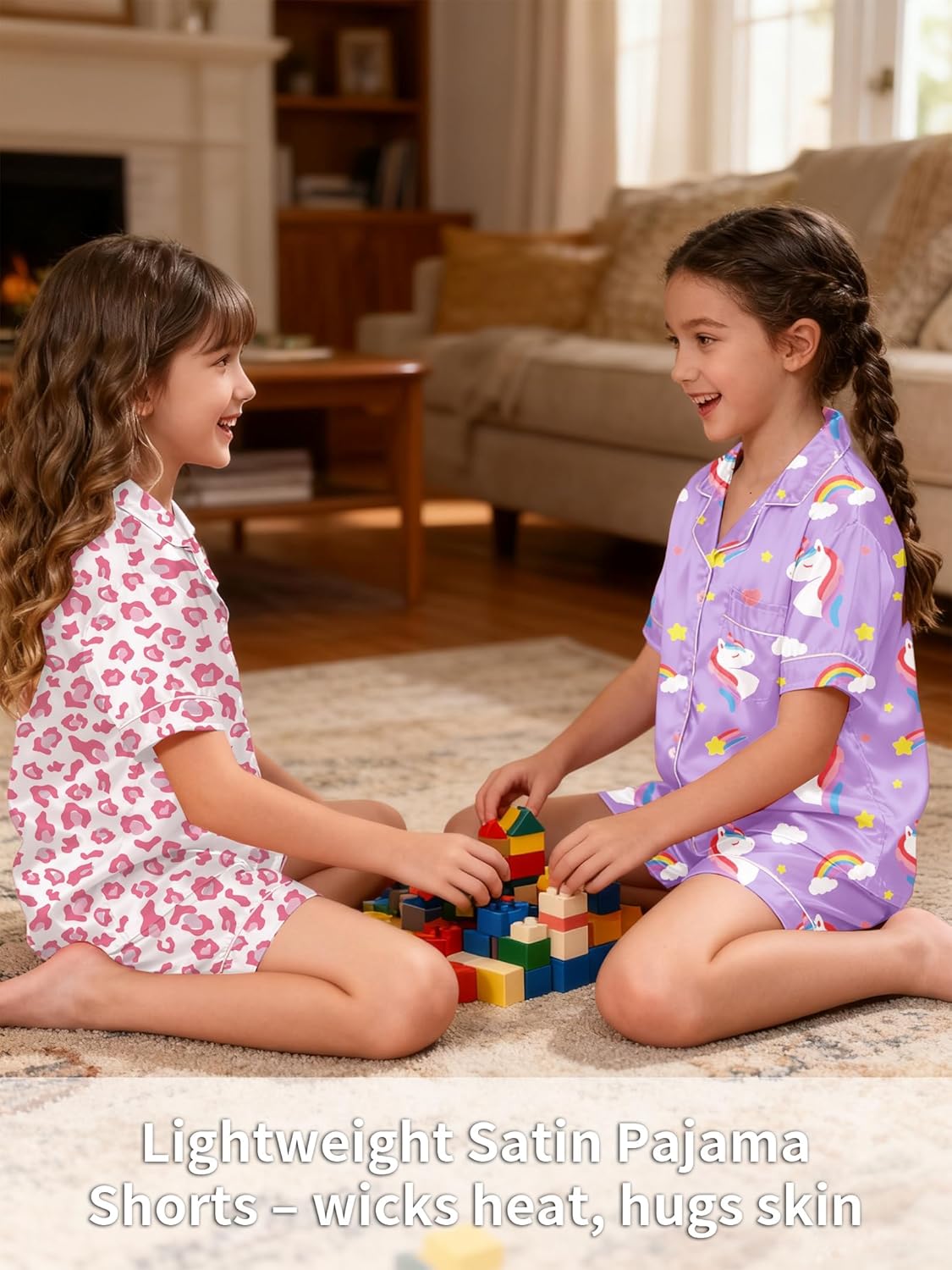 Girls Pajamas Silky Sets 2 Packs, Soft Satin Boys Kids Summer Pjs, Short Sleeve Button Down for Birthday Gift, 5Y-14Y - Image 2