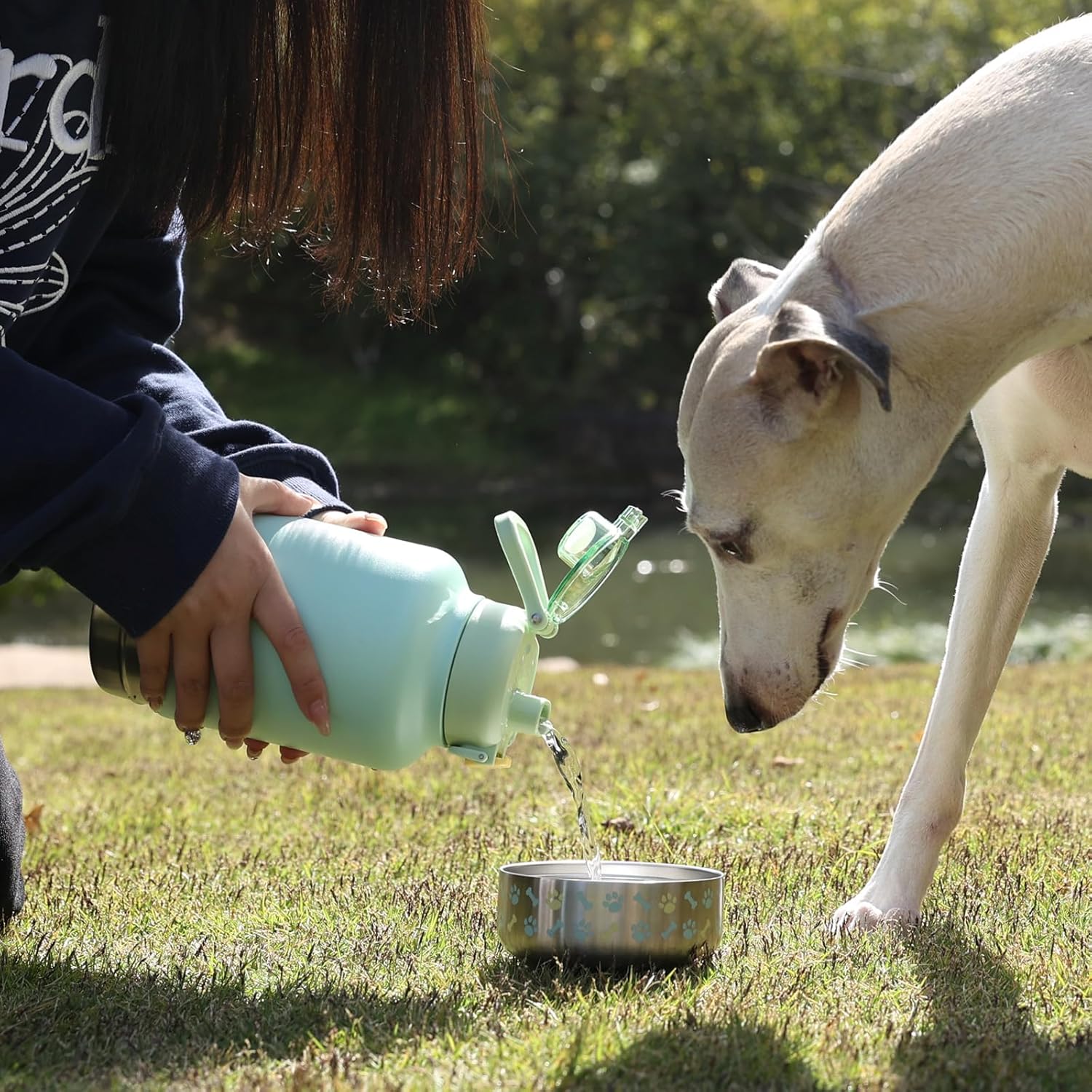 GiNT 37oz Insulated Stainless Steel Dog & Human Water Bottle | Leakproof Travel Dispenser with Detachable 10oz Bowl, 24H Cold/12H Hot, Carrying Case for Walking, Hiking,Camping & Outdoor Travel(Green) - Image 9