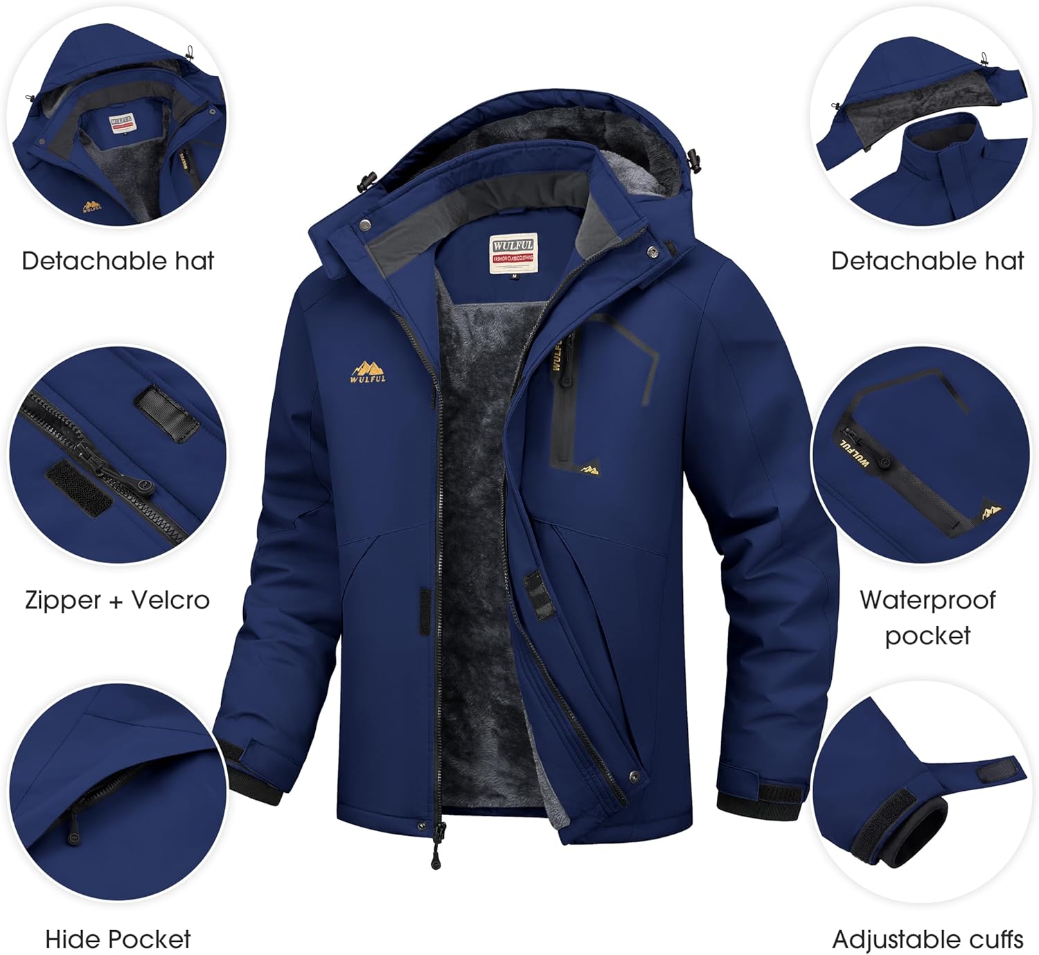 WULFUL Men's Ski Jackets Warm Winter Snow Windbreaker Resistant Snowboard Fleece Coat Mountain Waterproof Parka with Hood - Image 6