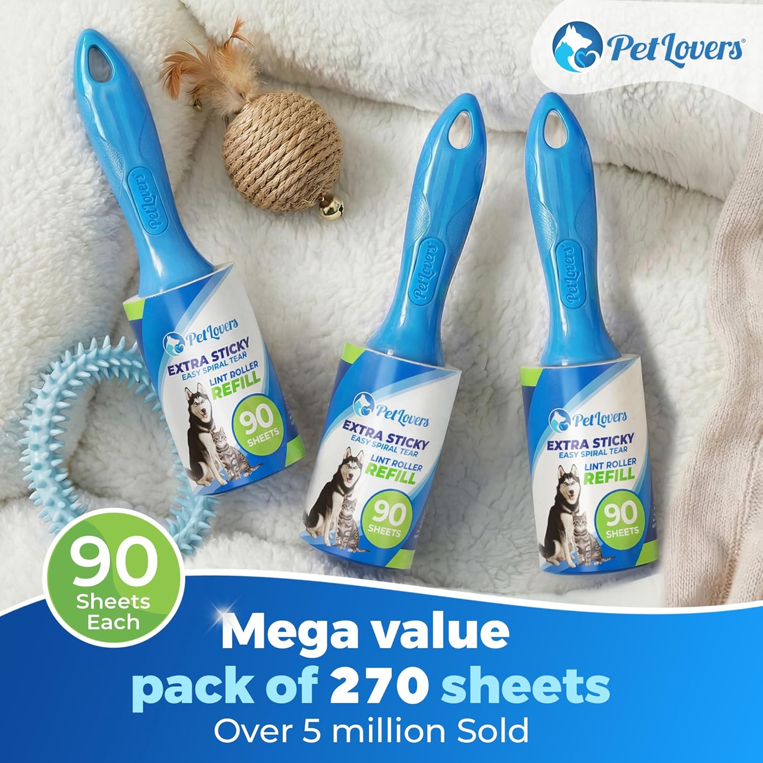 PetLovers Extra Sticky Lint Roller Value Set 270 Sheets for Pet Hair Removal and Clothes, Dog and Cat Lint Remover, 3 Pack - Image 2