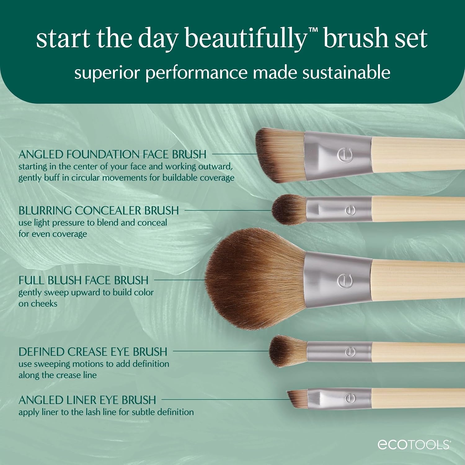 EcoTools 6 Piece Start The Day Beautifully Makeup Brush Set, Makeup Brushes For Eyeshadow, Blush, Concealer, & Foundation Application, Eco-Friendly, Gift Set, Synthetic Hair, Vegan & Cruelty-Free - Image 2