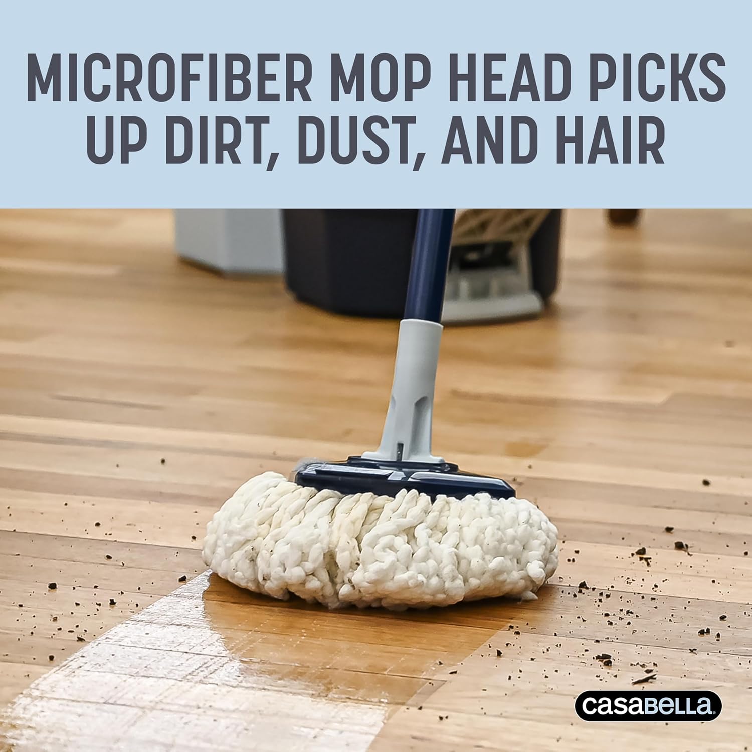 Casabella Spin Mop System with Extra Mop Head Refill - Two-Bucket Design with Splash Guard Built-in Measuring Cup and Scraper Tool with Easy Wring Pedal Spinner, 1.25-Gallon, Blue - Image 4