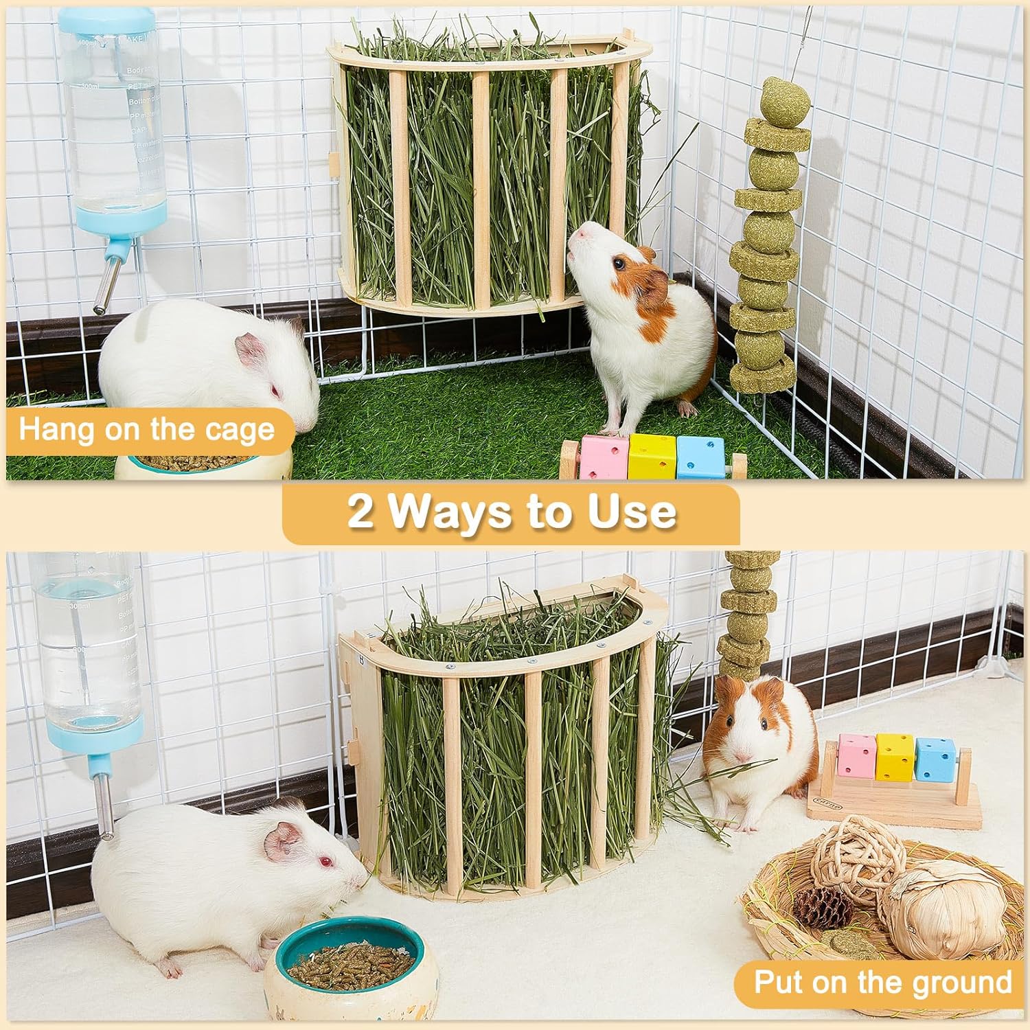 Guinea Pig Hay Feeder Wooden Rabbit Hay Feeder Big Volume Bunny Hay Holder Hanging Hay Rack with Instructions Guinea Pig Cages Accessories for Chinchilla and Ferret, Rabbit Cage Accessories - Image 3