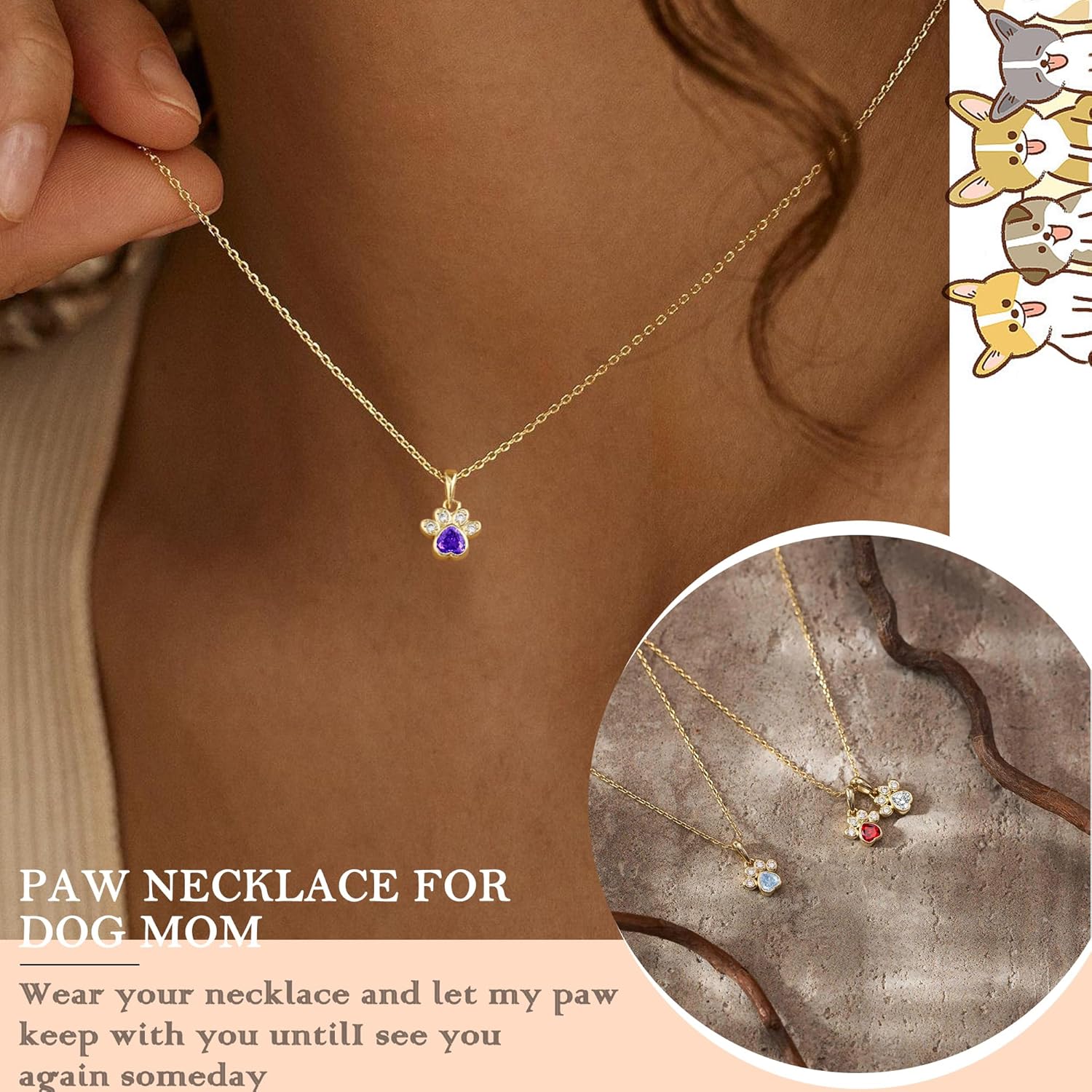Dog Mom Gifts for Women, Gifts for Dog Lovers Birthstone Necklace for Women Christmas Stocking Stuffers for Teens Memorial Gift of Loss of Dogs Pet 14k Dainty Gold Necklace Birthday Gift for Her Pet Remembrance Breavement Jewelry - Image 2