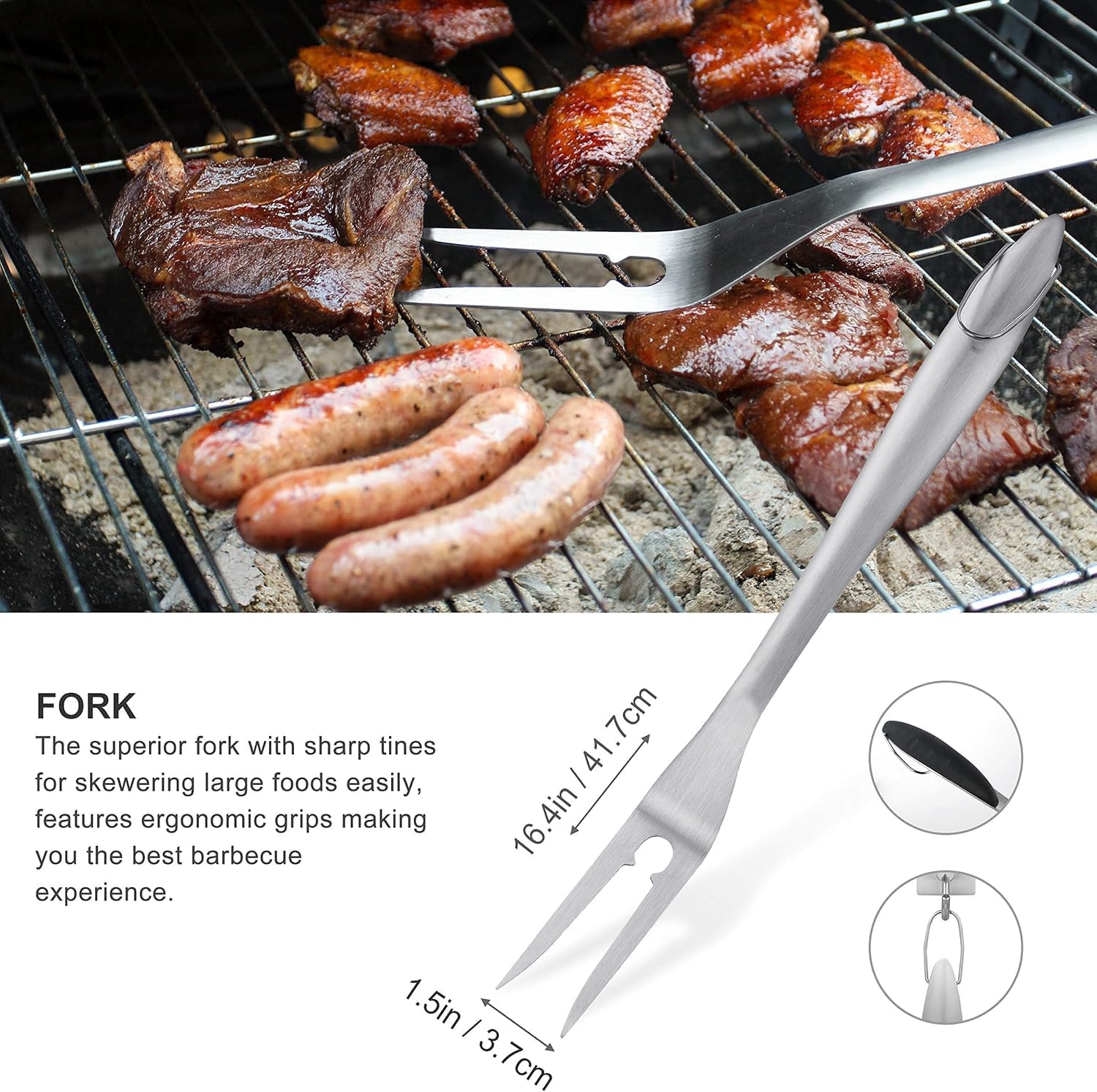 Grilljoy 8PCS Heavy Duty BBQ Grill Tools Set with Extra Thick Stainless Steel Spatula, Fork, Tongs & Cleaning Brush - Complete Barbecue Accessories Kit with Portable Bag - Perfect Grill Gifts for Men - Image 4