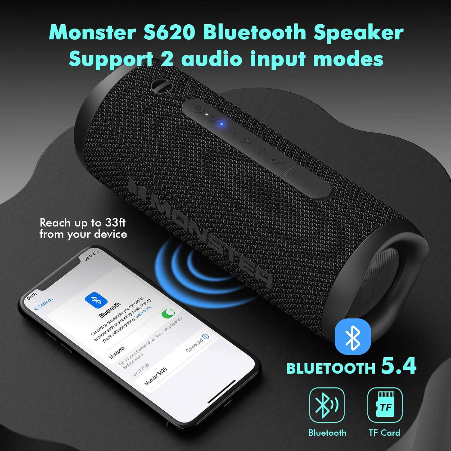 Monster Bluetooth Speaker, Wireless Portable Outdoor Bluetooth Speakers, 60W True Wireless Stereo IPX8 Waterproof, Dual PairingBluetooth 5.4 Built-in Mic, Black - Image 2