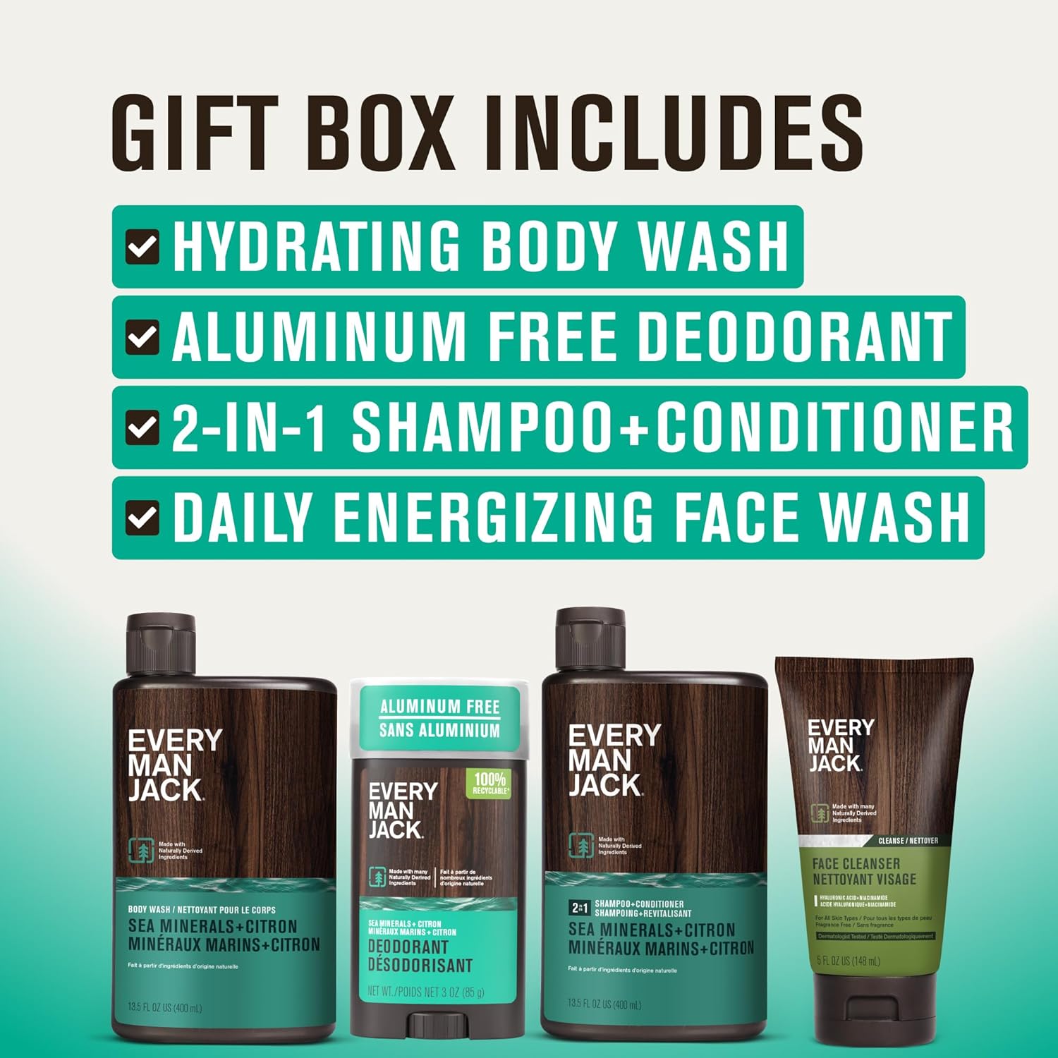 Every Man Jack Men's Bath and Body Gift Set - Sea Minerals + Citron Scent - Clean Ingredients - Includes Hydrating Body Wash, 2-in-1 Shampoo, Aluminum-free Deodorant & Face Wash - Image 2