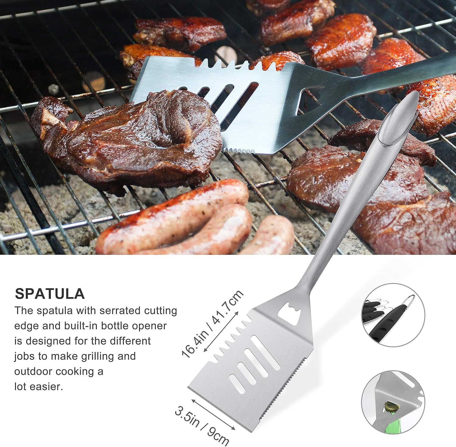 Grilljoy 8PCS Heavy Duty BBQ Grill Tools Set with Extra Thick Stainless Steel Spatula, Fork, Tongs & Cleaning Brush - Complete Barbecue Accessories Kit with Portable Bag - Perfect Grill Gifts for Men - Image 2