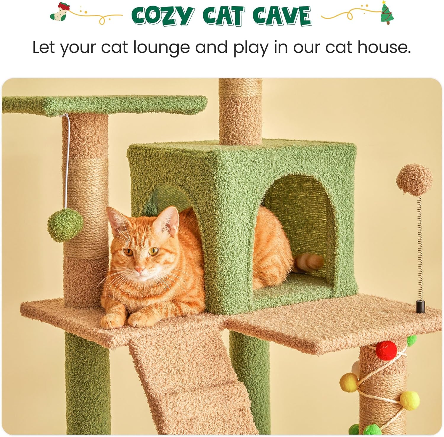 MWPO 63.8 Inches Green Cat Tree for Indoor Cats, Multi-Level Cat Tower with Sisal-Covered Scratching Posts, Padded Platform, Hammock, Dangling Toys, Stable Cat Condo Pet Play House - Image 5