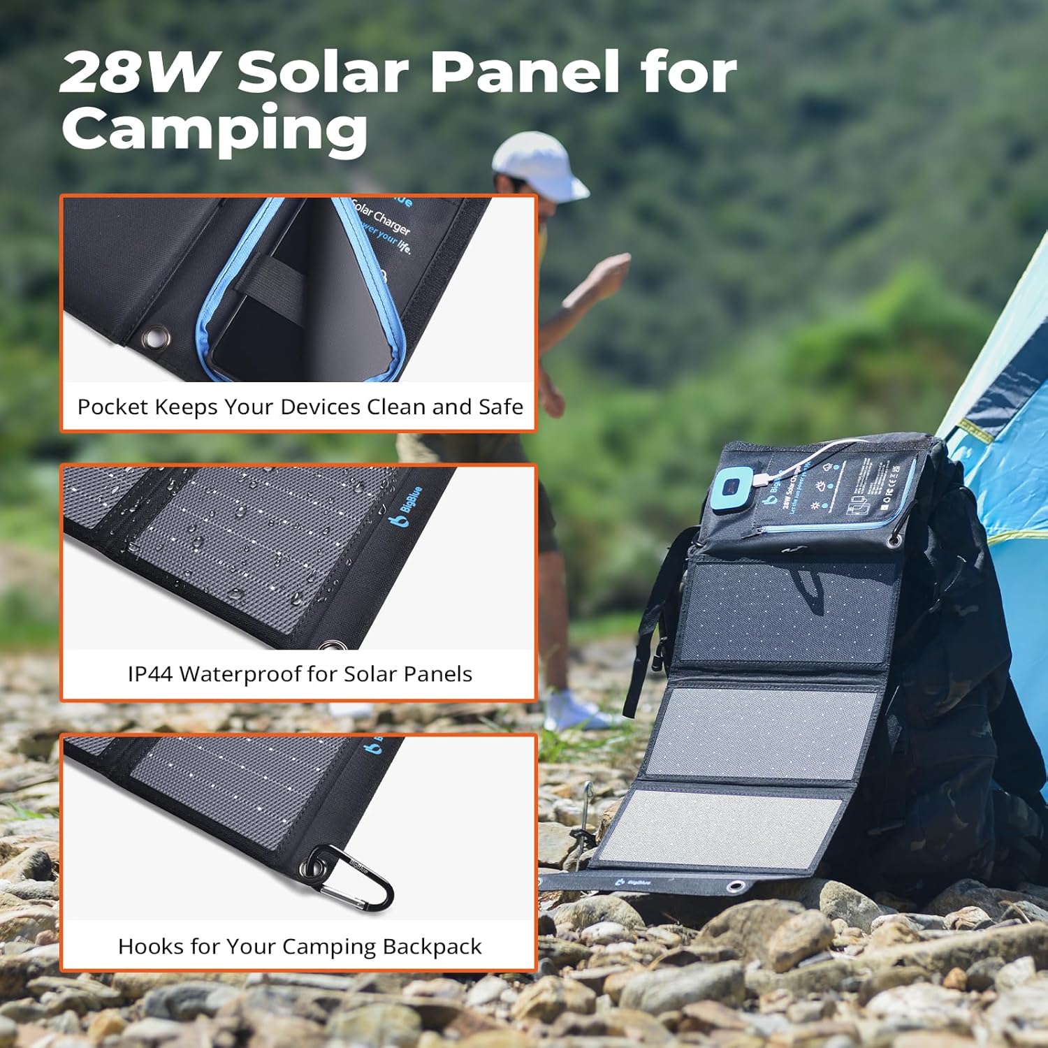 BigBlue Portable Solar Charger 28W with Digital Ammeter,25.4% High-Efficiency, USB-A/USB-C Ports, Folding Waterproof Solar Panels with Carabiners for Camping, Backpacking, Phones, Tablets, Power Bank - Image 4