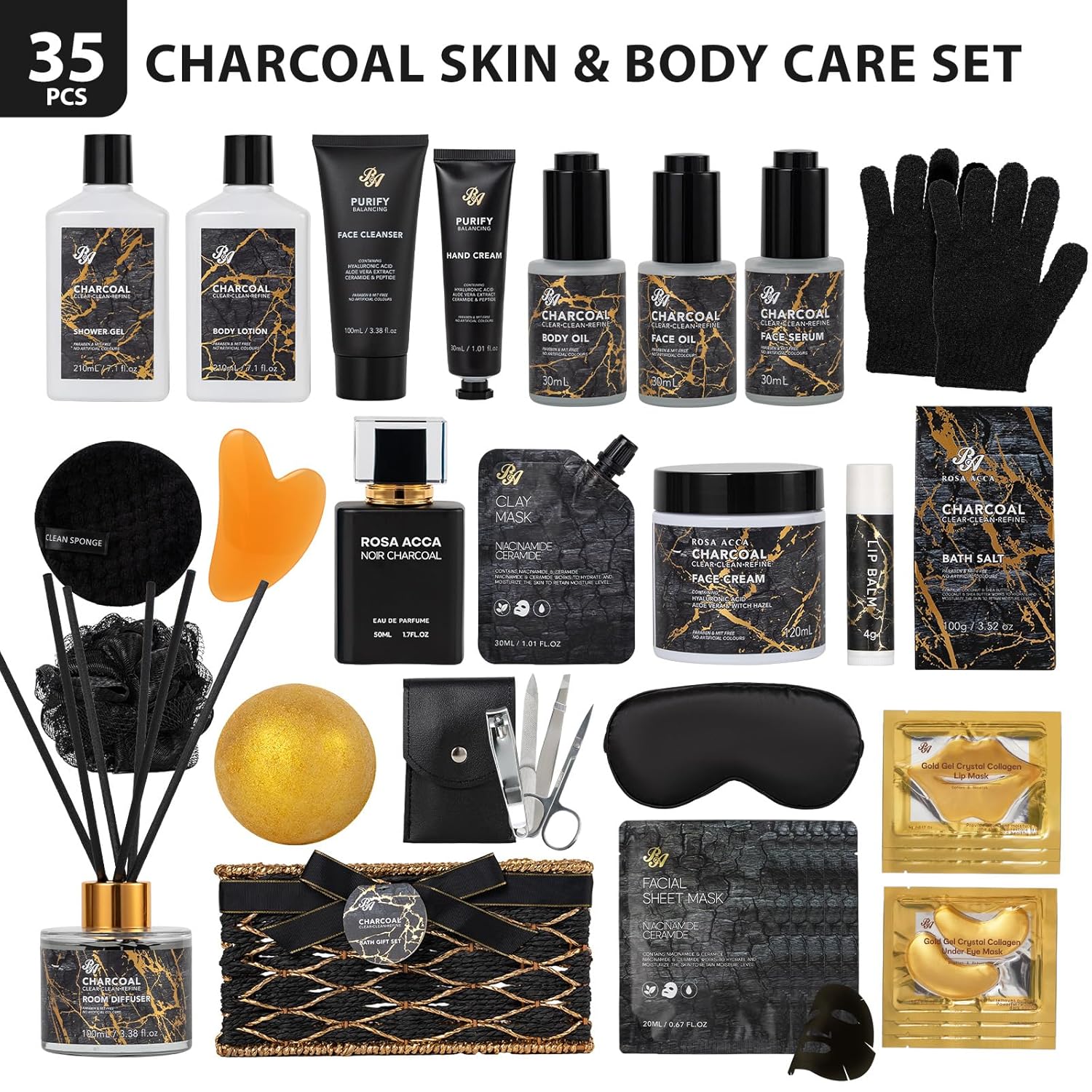 35 Pcs Charcoal Bath & Body Gift Basket for Women & Men, Mother's Day Gifts, Face Skin Care Kit, Home Spa Basket Gift, Self-Care Gift, Bath Bomb, Birthday, Christmas, Anniversary, Valentines, Wife - Image 3